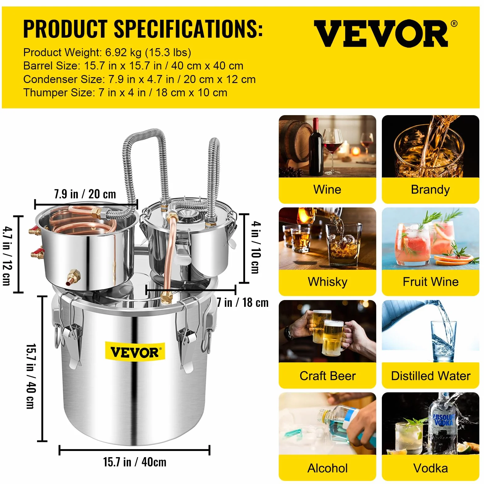 VEVOR Distillatore Alcol Acciaio Inox Rame Rosso 50L, Alambicco Distillazione Vino Grappa Liquore Doppio Fusto