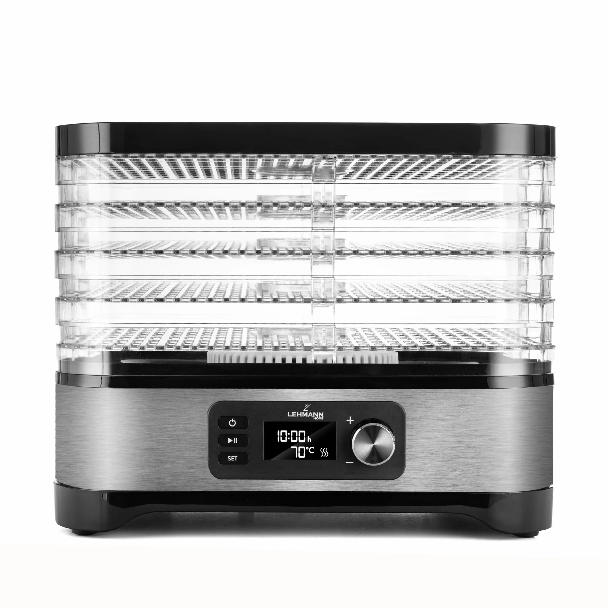LEHMANN Essiccatore Alimentare, 5 Vassoi Regolabili in Altezza, Regolazione Temperatura 35-70°C, Timer 24h, BPA Free, Acciaio Inox, Essiccatore per Alimenti, Funghi, Frutta, Carne e Verdura