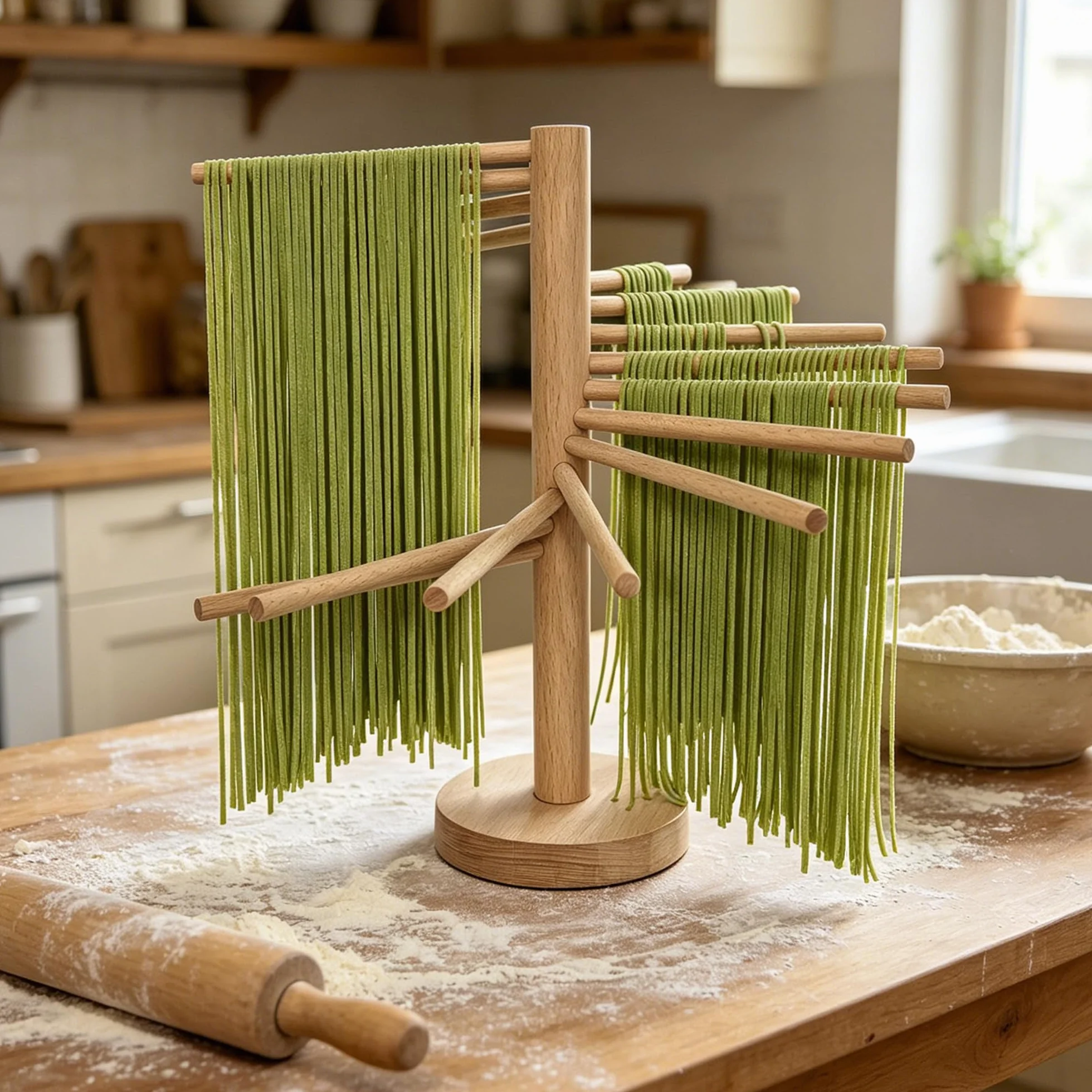 Stendipasta grande in legno, pieghevole, per pasta fresca, spaghetti, spaghetti, stendipasta, stand naturale, 16 bracci