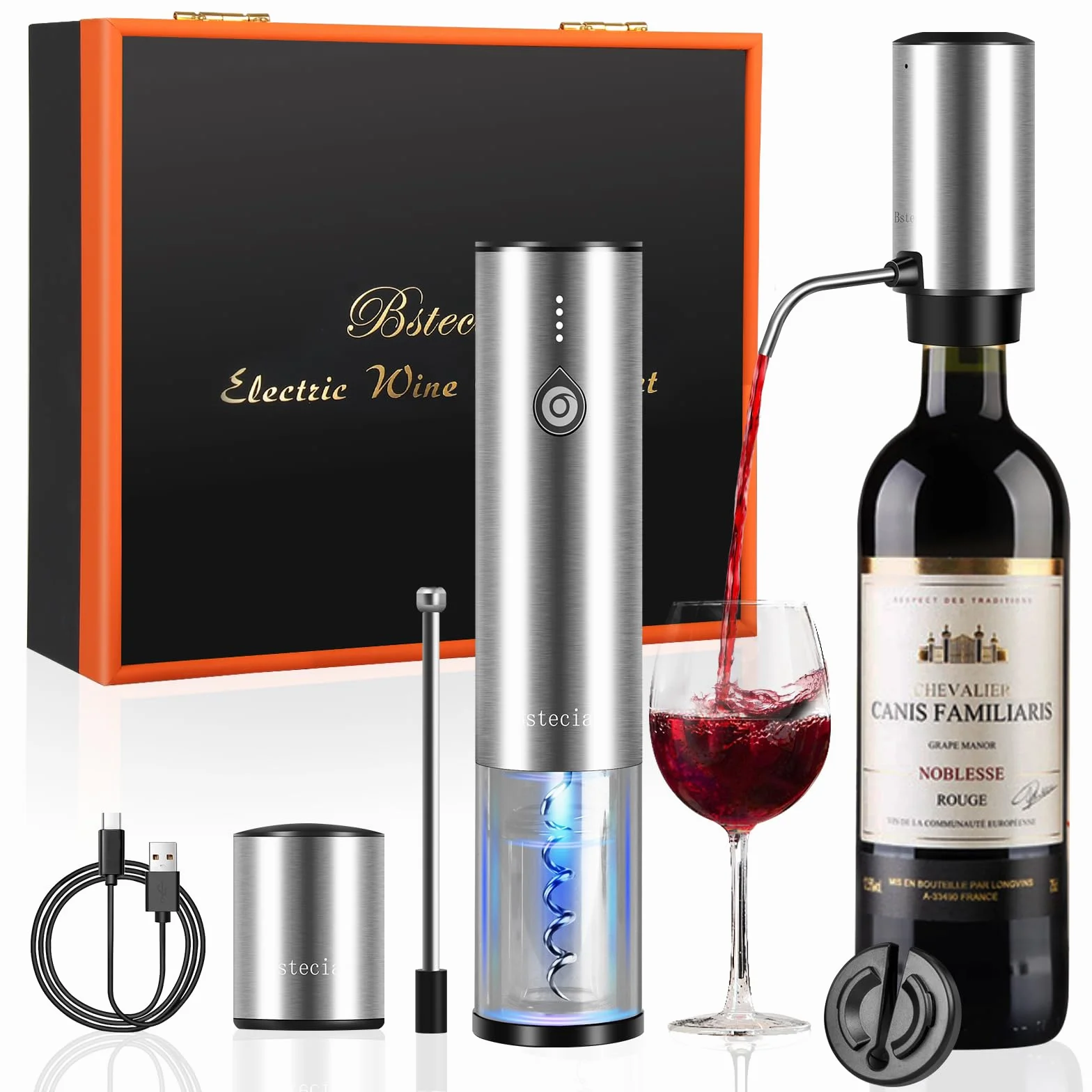 Cavatappi Professionale Elettrico per Vino, Apribottiglie 4 in 1 Ricaricabile con Versatore Automatico, Taglierina per Lamine, Tappi Sottovuoto