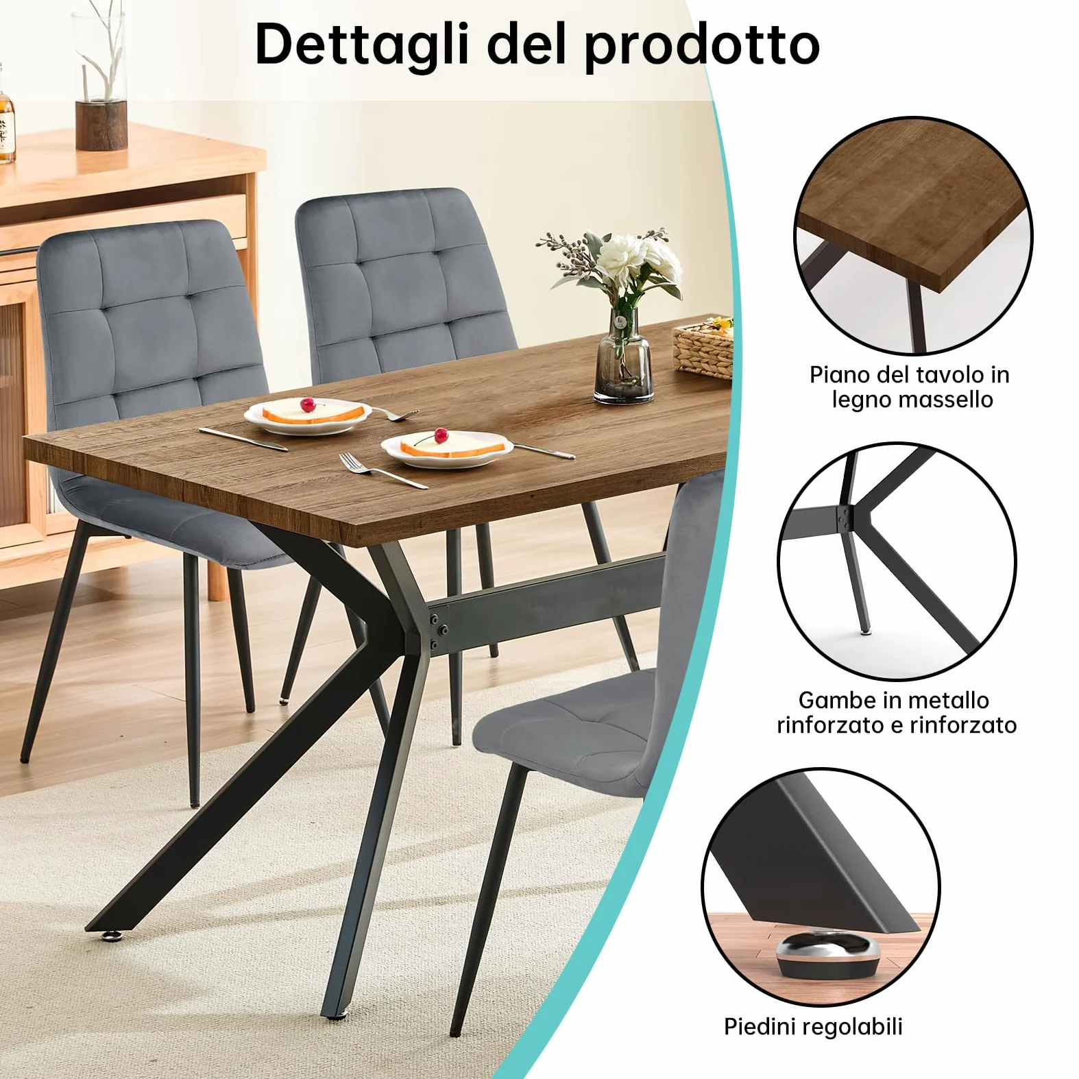 LEWE Set tavolo e sedie da pranzo,Tavolo da Cucina rettangolare in legno 140 x 80 x 76 cm，con 6 Sedie imbottite in Velluto per Cucine per Cucina, Soggiorno, Sala da Pranzo(Legno Scuro+Grigio scuro)