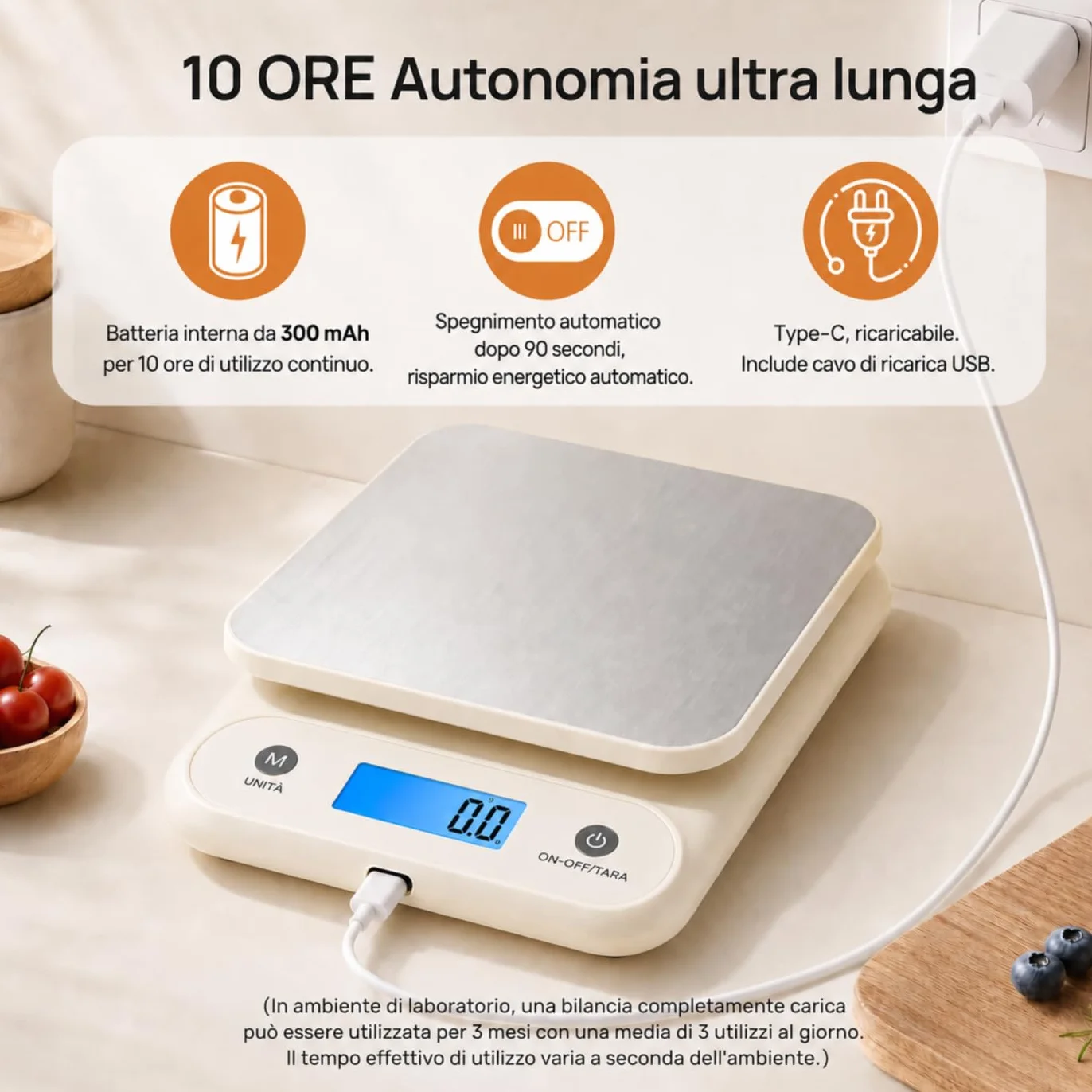 Meilen Bilancia da Cucina Digitale 11 LB/0.1 OZ, Bilancia di Precisione 5 KG / 0.1 G per cucinare e cuocere al forno, Batteria al litio integrata da 300 mAh, Ricarica di tipo C, Bianca