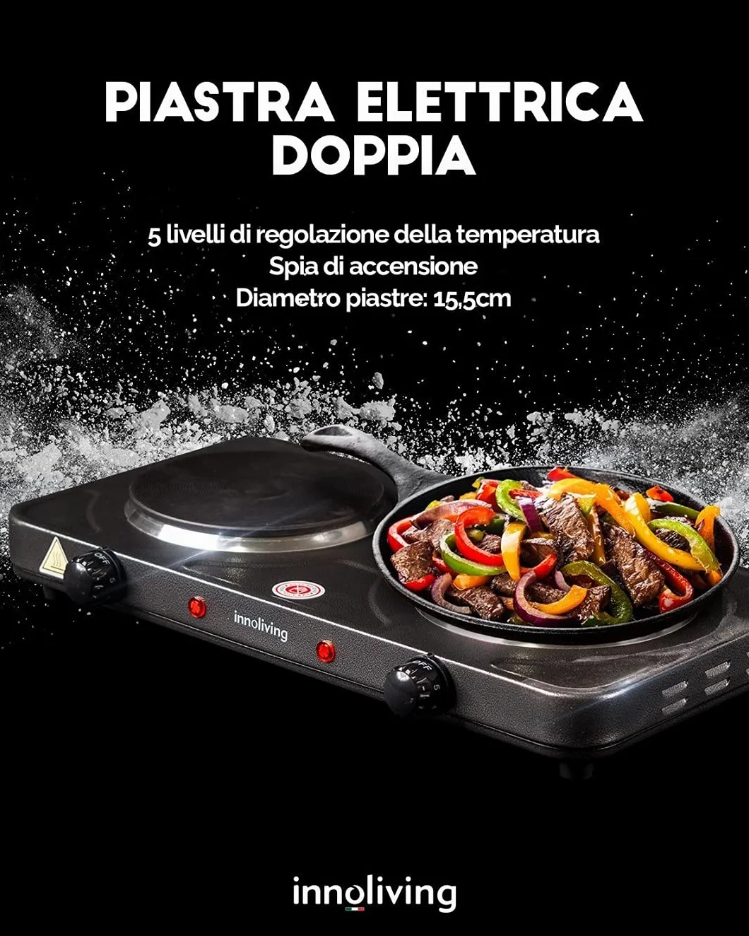 Innoliving Piastra Elettrica Doppia INN-748 con Diametro Piastre 15,5cm, 5 Livelli di Regolazione Temperatura, Spia di Accensione, Potenza 2000W
