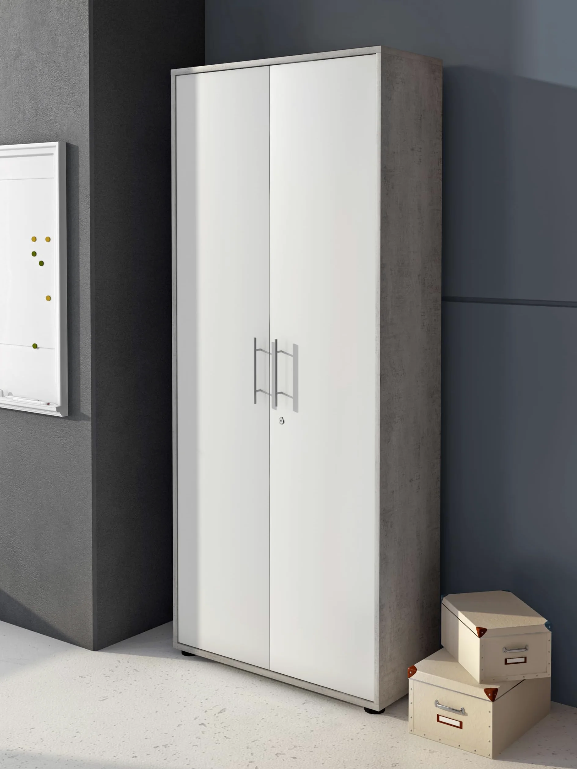 Bricozone Set Ufficio Moderno Completo In Cemento E Bianco Frassinato Con Scrivania Angolare Cassettiera Libreria E Armadi In Melaminico Antigraffio Arredo Professionale Per Home Office E Studi