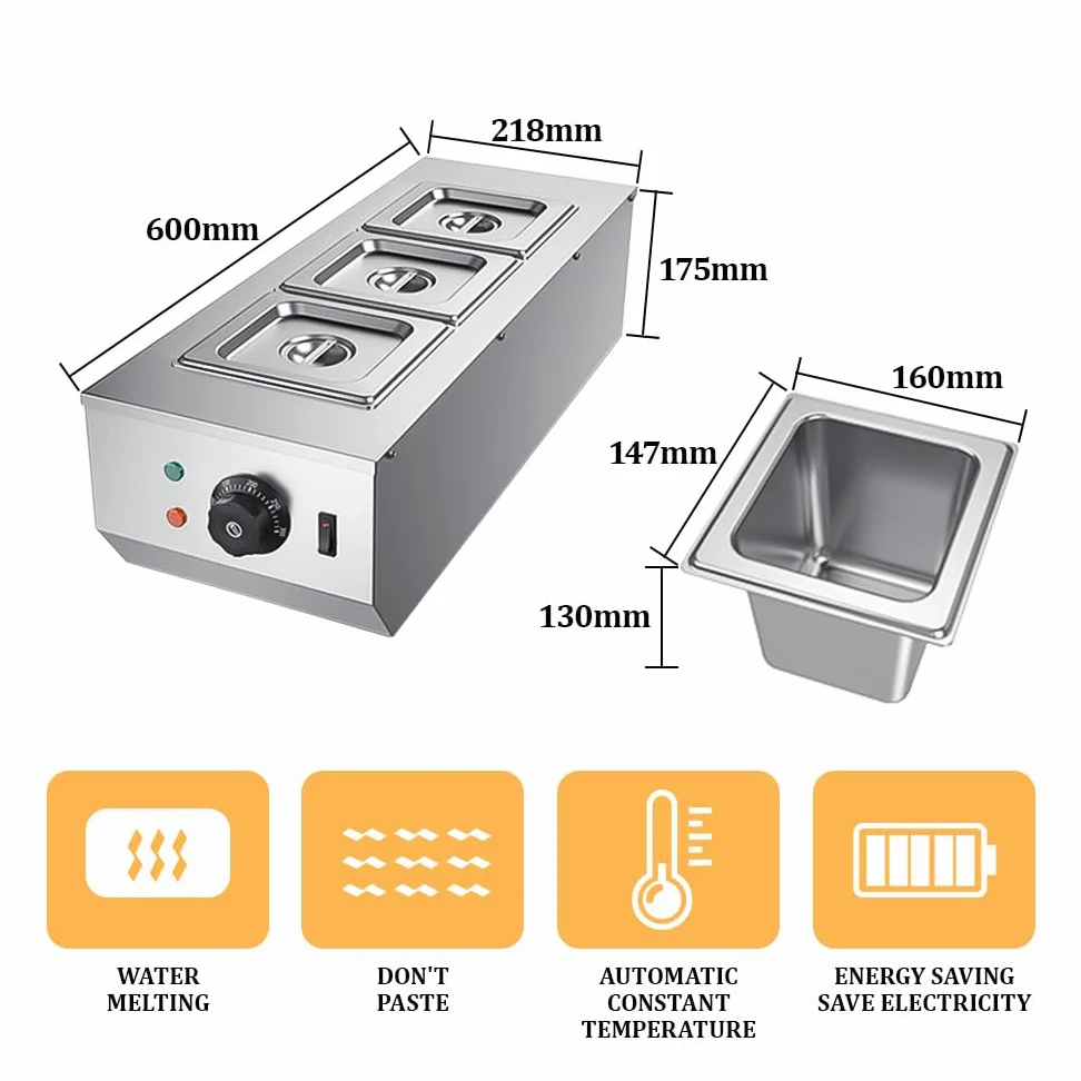 YUEWO Bagnomaria Per Cioccolato Caldaia Elettrica Per Sciogliere Il Cioccolato Macchina Per Cioccolata Acciaio Inox 3 Serbatoi 4.5L 220V 1200W