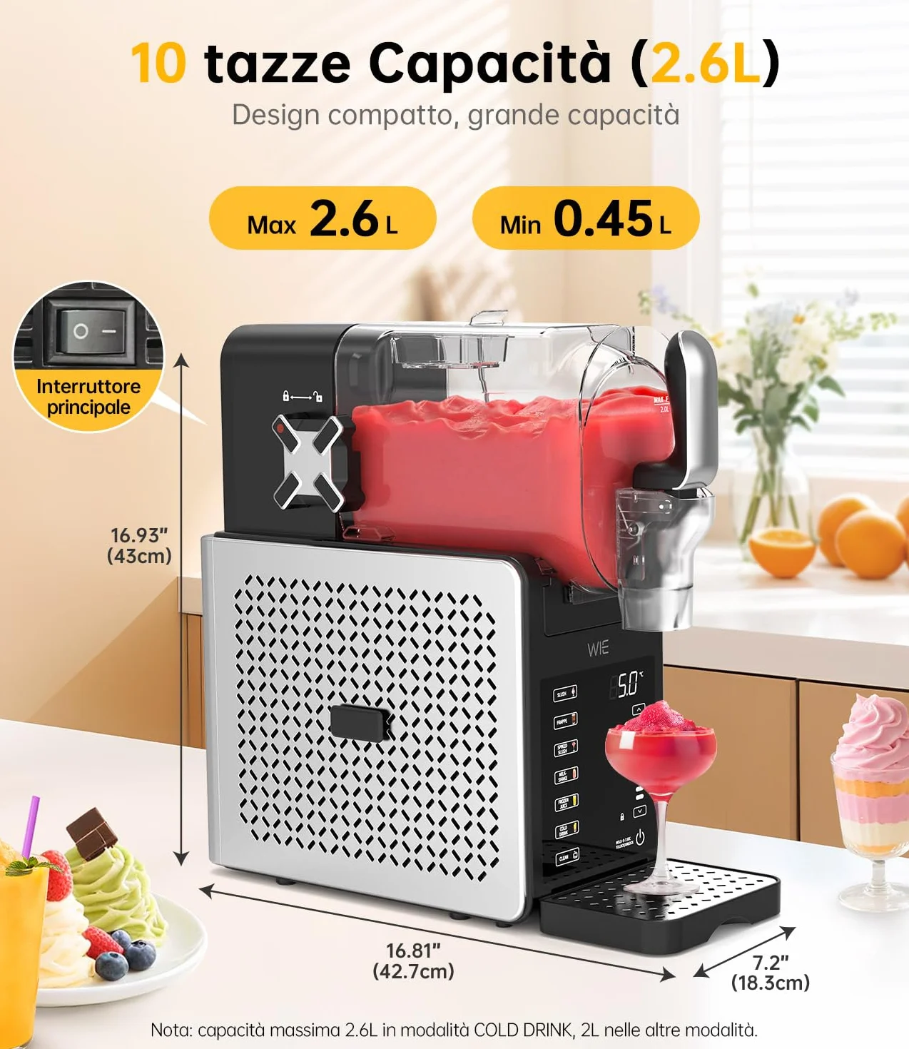 WIE Macchina per Granite 2.6L Autopulizia, 6 Modalità, Schermo Touch LED, per Margarita/Cocktail/Milkshake/Frappé