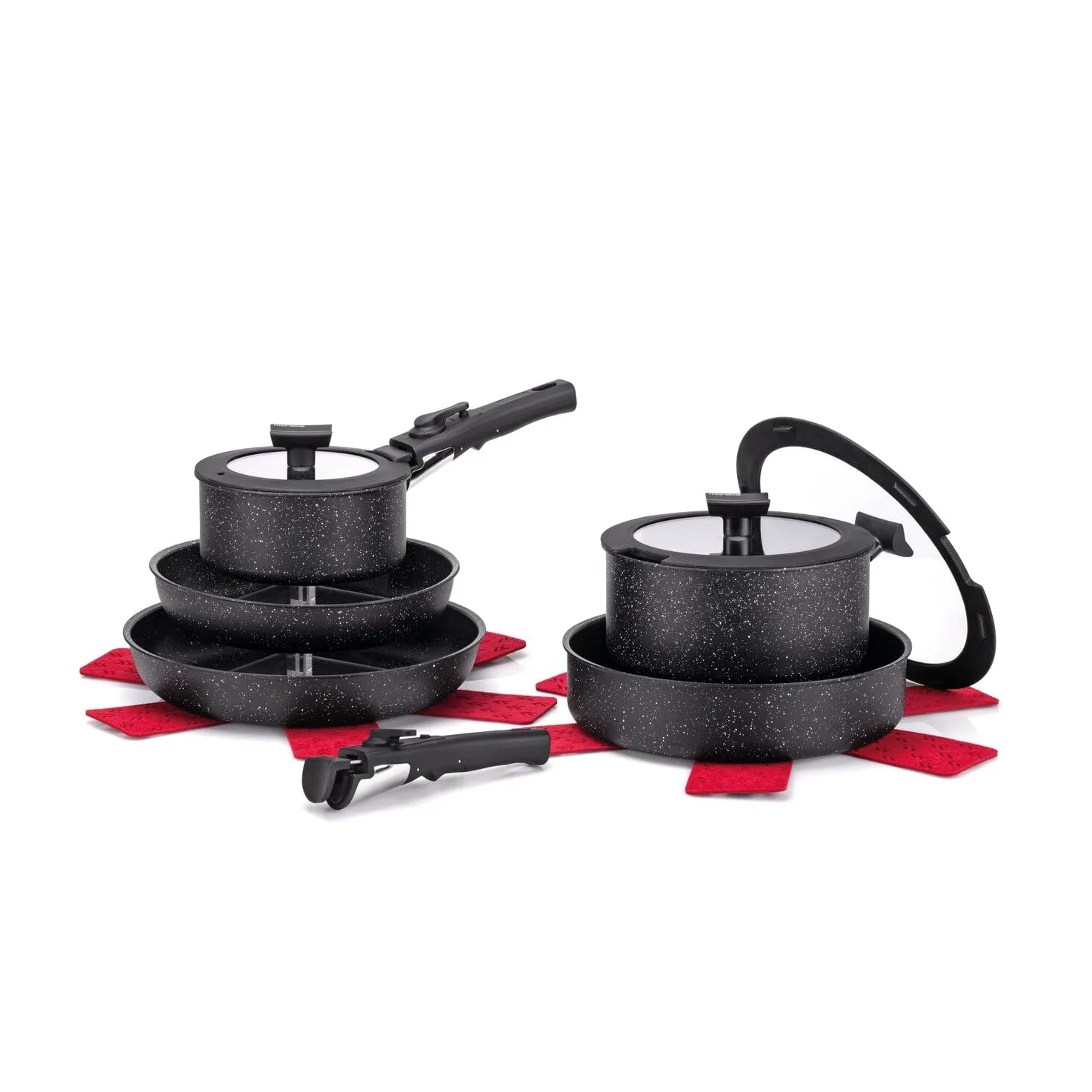 Moneta Magnolia Minispace Set Pentole Induzione 8 Pezzi con Manici Removibili, Padelle Antiaderenti 24 28 cm Skillet 26 cm Casseruole 16 20 cm Coperchi Vetro e Protezioni in Feltro