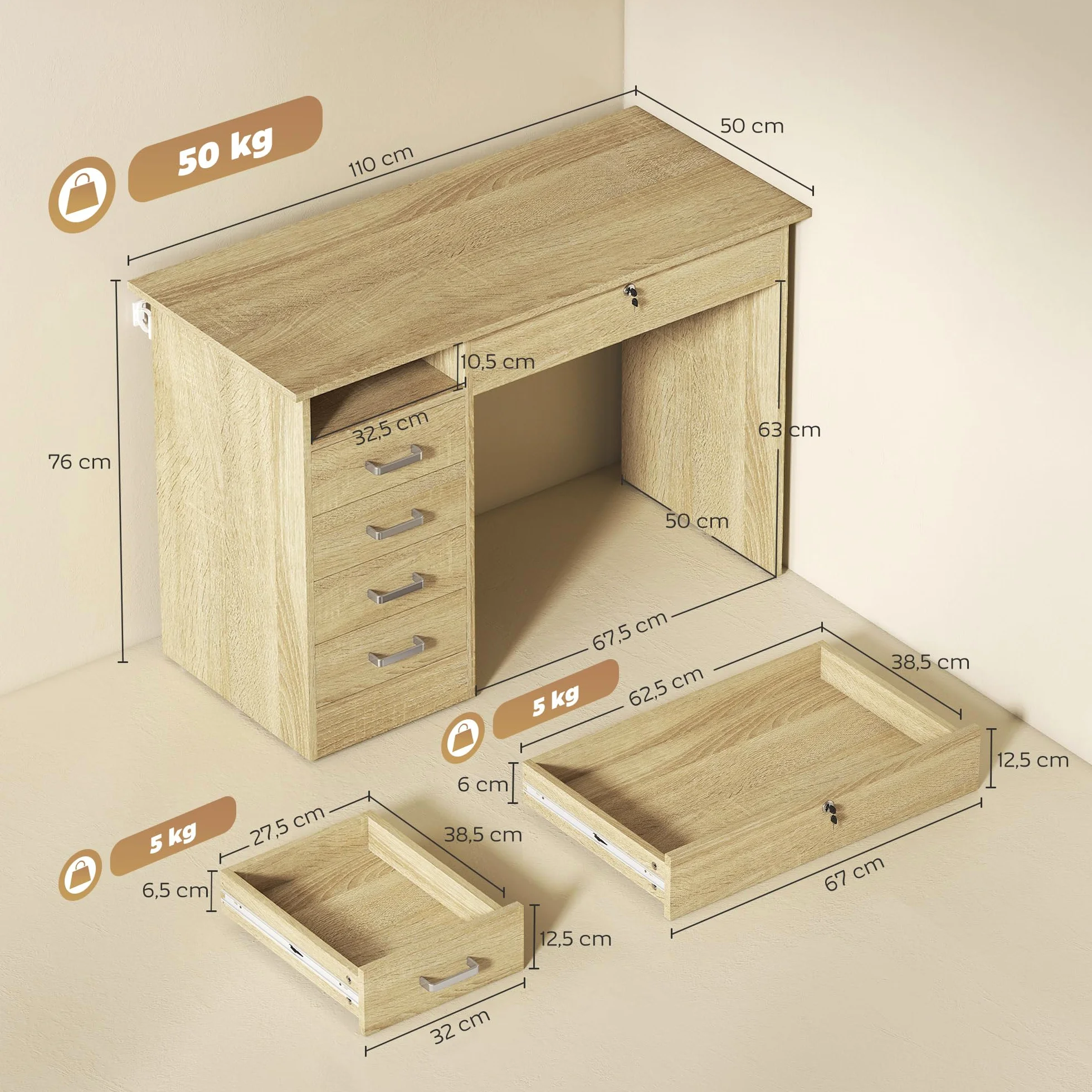 HOMCOM Tavolo per computer moderno con 5 cassetti, ampio piano, 1 scomparto aperto, cassetto con serratura, 110 x 50 x 76 cm, rovere