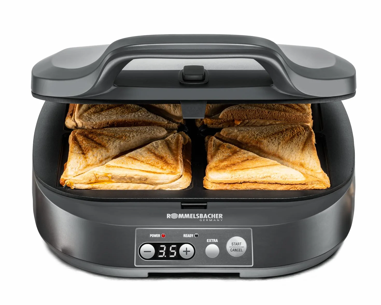 ROMMELSBACHER Sandwich Maker ST 1800, 4 sandwich XL, antiaderente, timer da 15 minuti, spegnimento automatico, alloggiamento Cool Touch, 1800 Watt, grigio ardesia