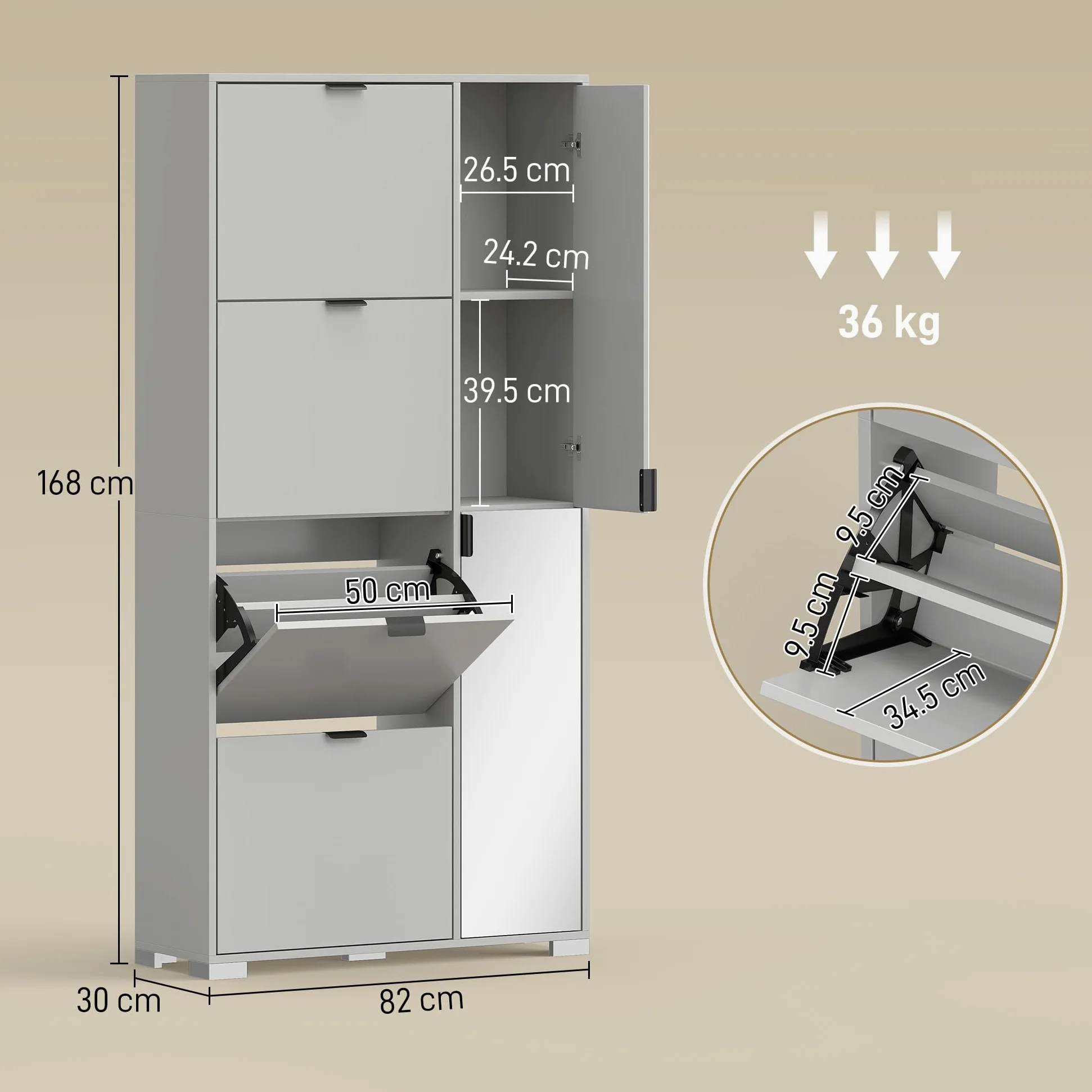 HOMCOM Scarpiera Salvaspazio Slim Alta con 2 Ante a Specchio e 4 Ante a Ribalta, Scarpiera Ingresso con Ripiani Regolabili, 2 Armadietti, 5 Gambe, Porta Scarpe per 16 Paia, 82x30x168 cm, Grigio