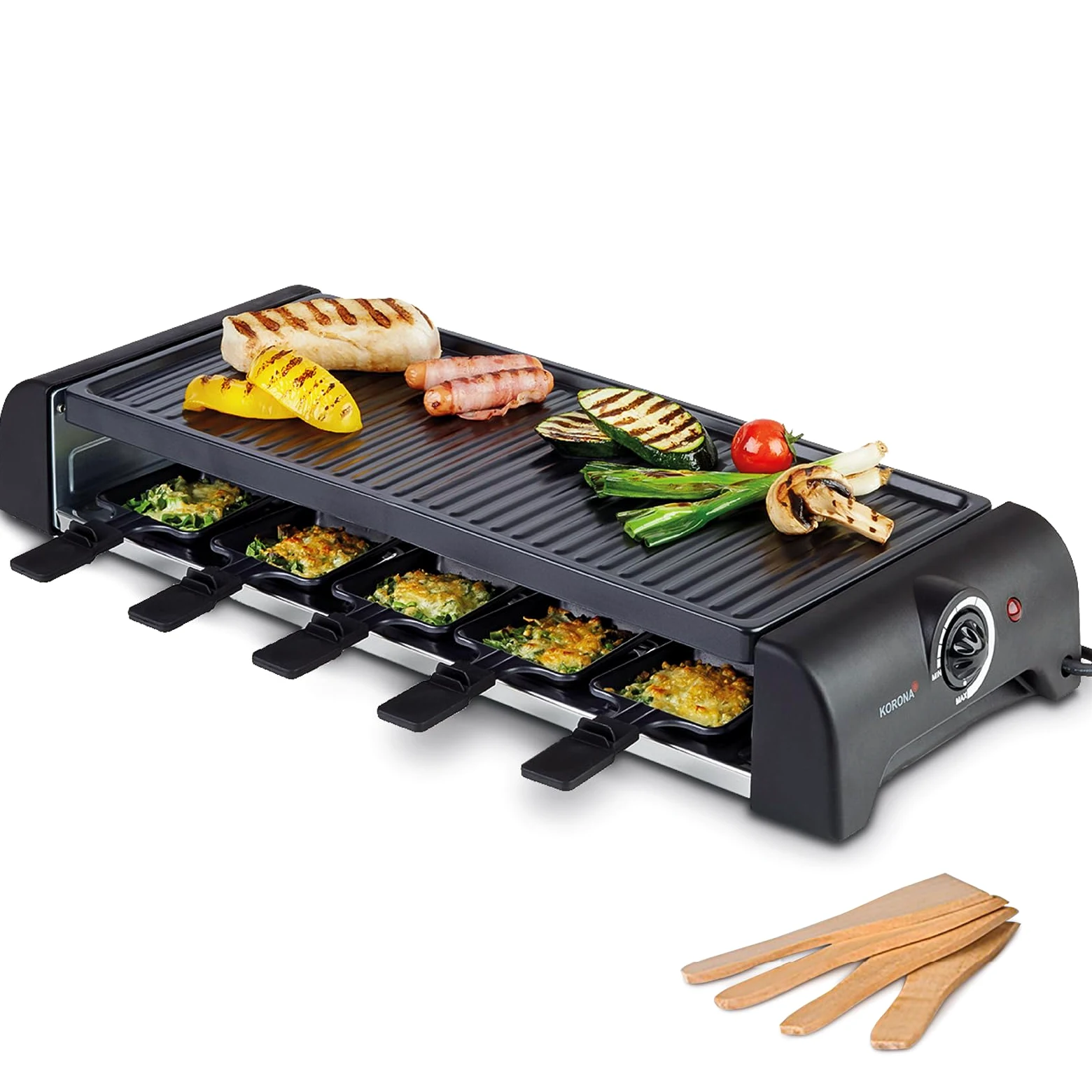 Korona 45060 Raclette per 10 persone | Raclette XXL con 10 padelle e spatole in legno | piastra antiaderente | cavo lungo 1,2 m | 1500 Watt, nero