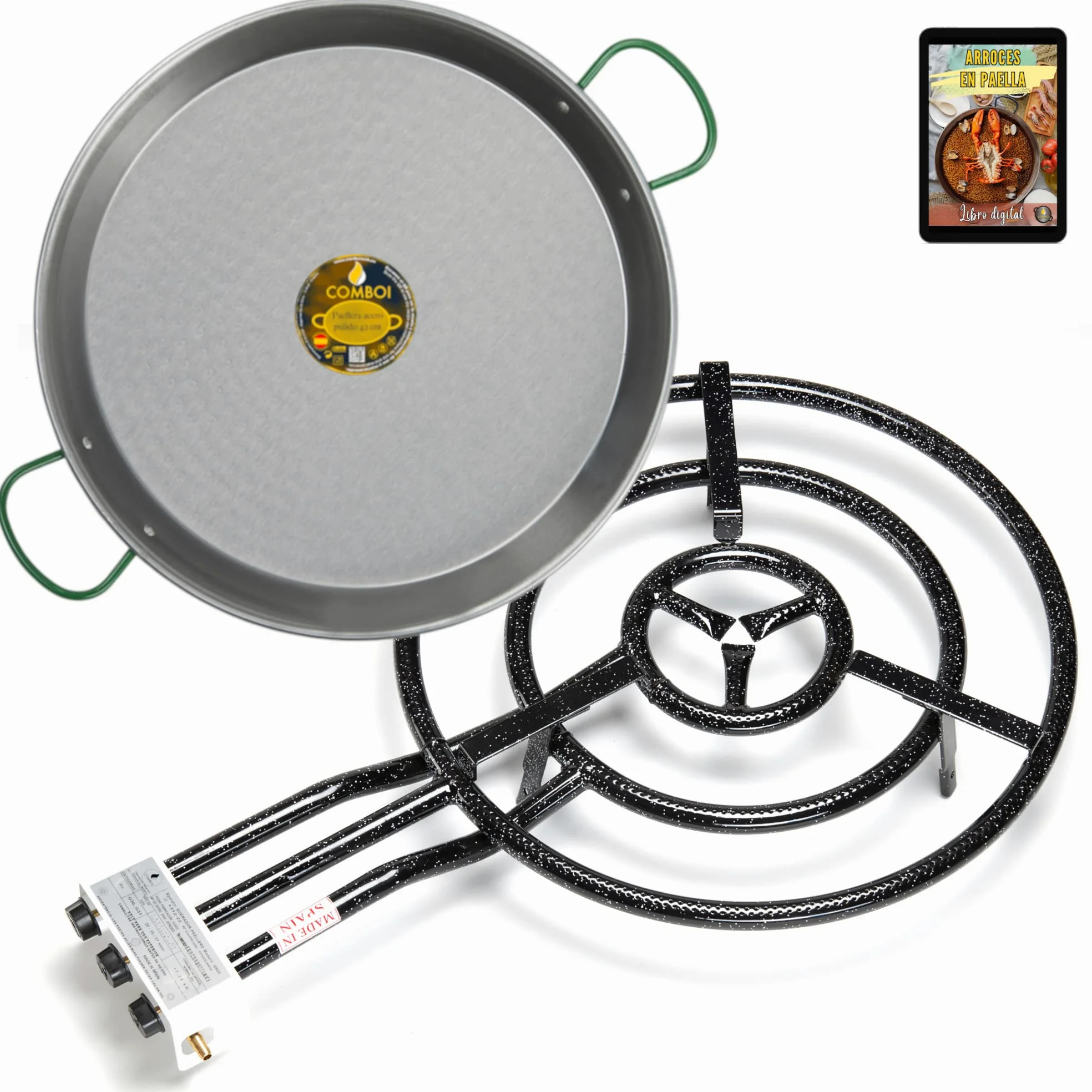 COMBOI - Paellero a gas butano 60 cm, paellera 70 cm e libro di ricette digitale, bruciatore a gas a tre rostri.
