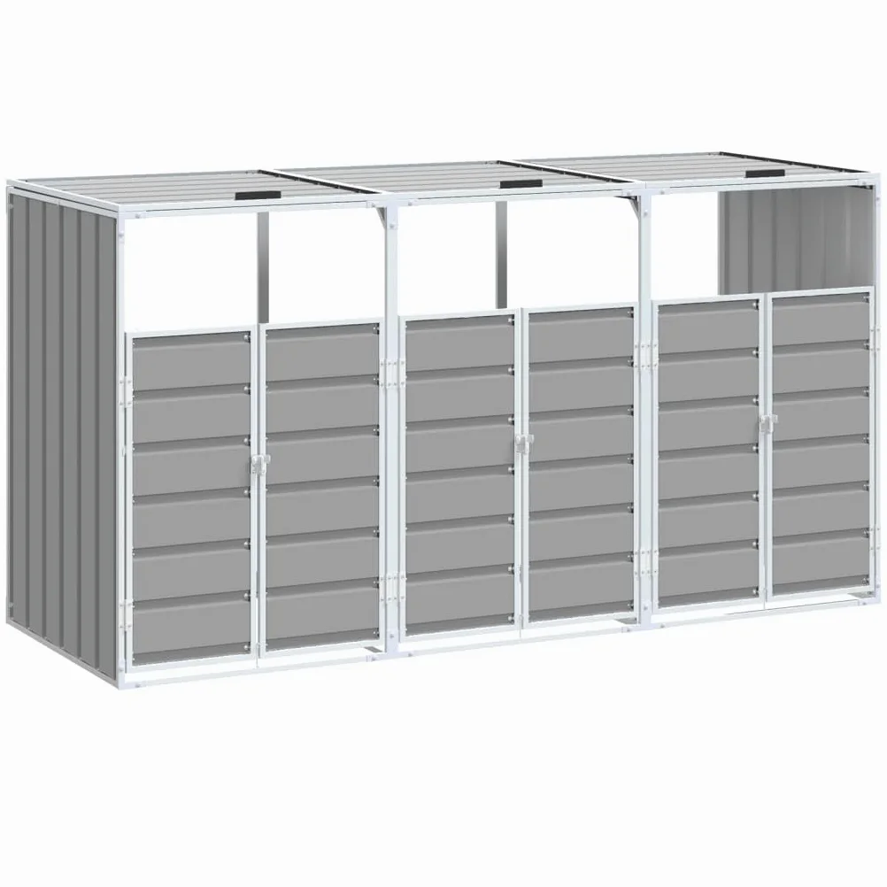 Festnight Copri Bidoni Spazzatura Esterno Copribidone Spazzatura Esterno Copri Pattumiera da Esterno Copribidone con Ruote per 3 Bidoni Grigio 216x81x115 cm Acciaio