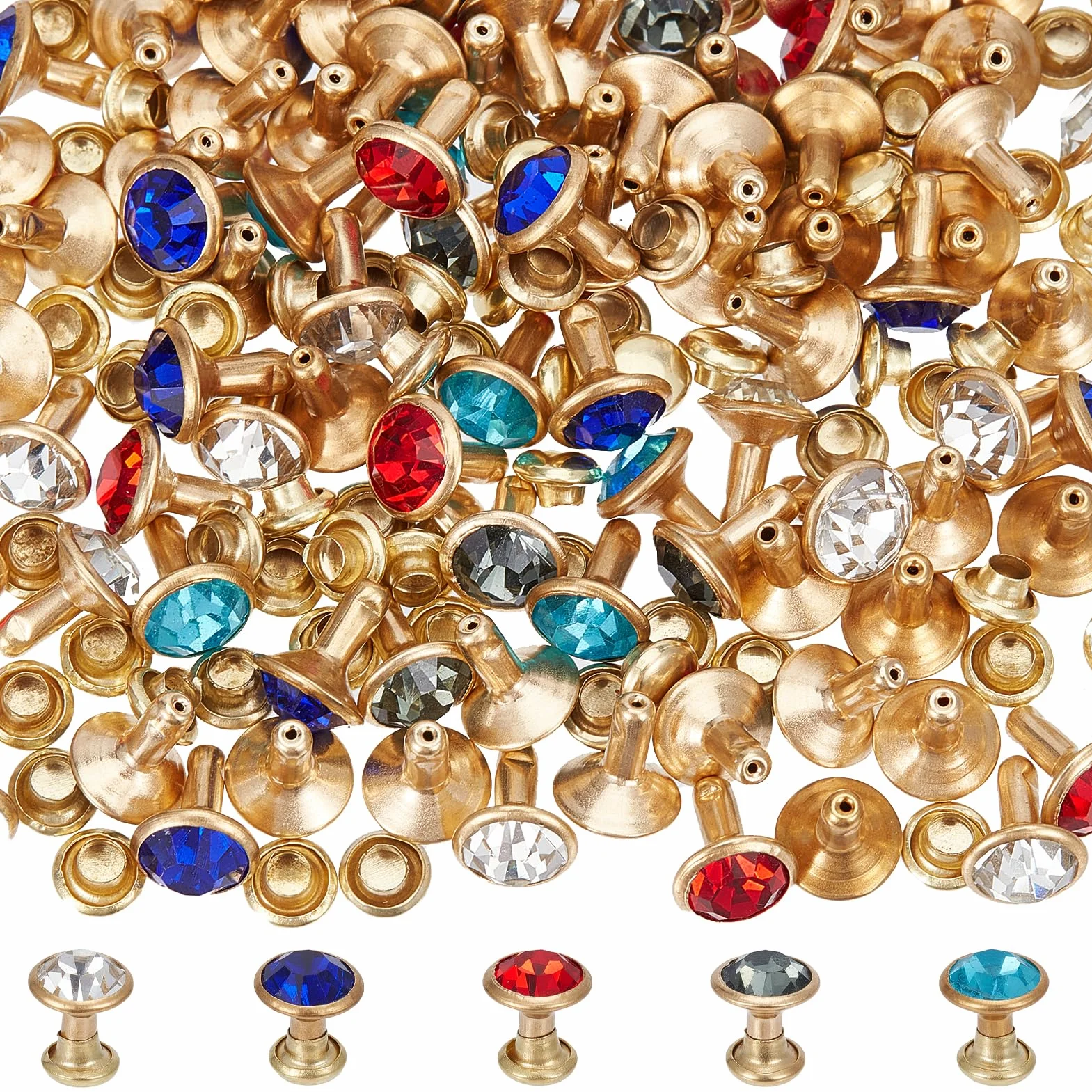 NICENEEDED 100 Set Rivetti con Strass 8mm Cristallo 5 Colori per Artigianato Pelle
