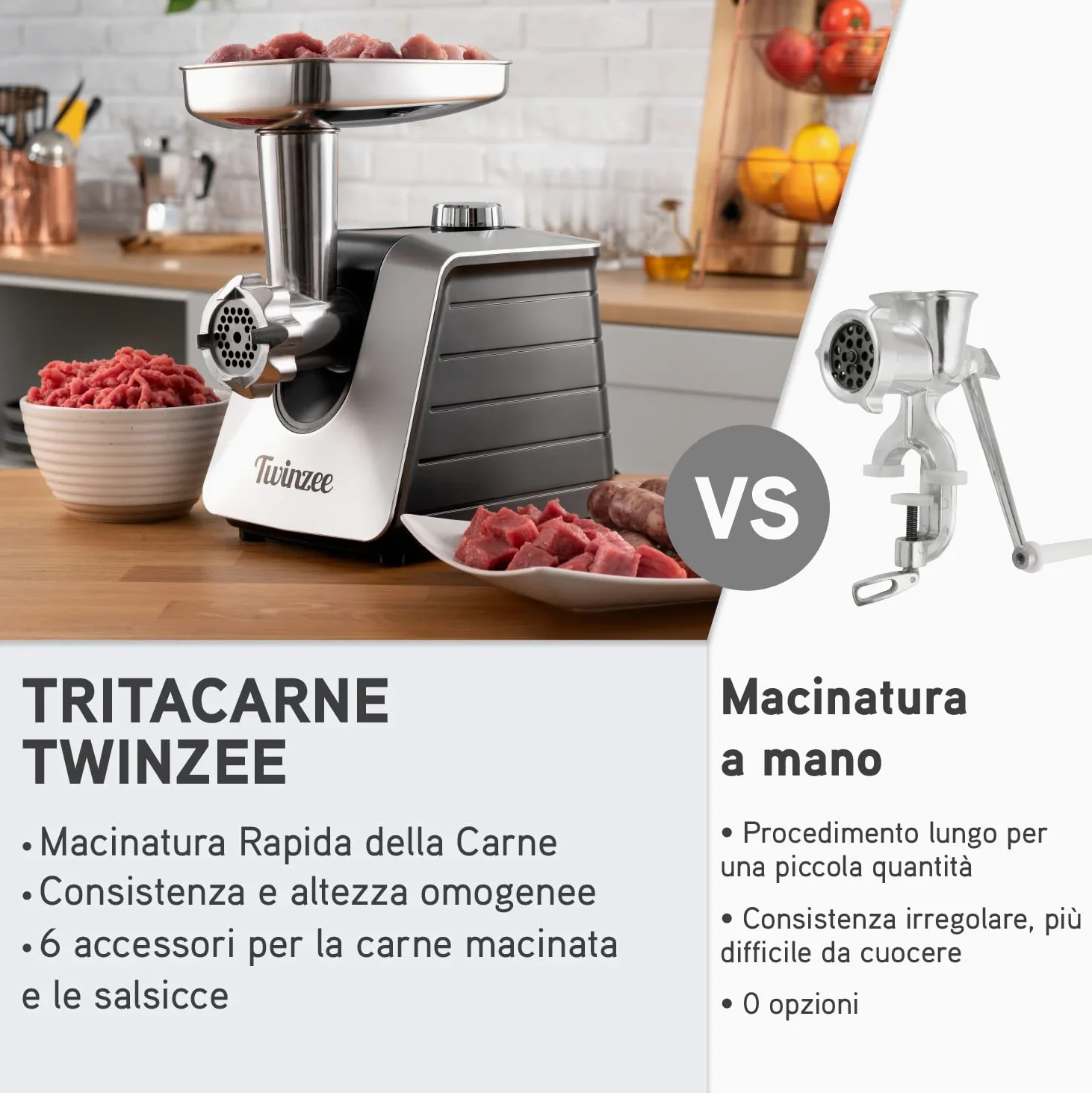 Tritacarne Elettrico 1500W (Nero) - Per Carne e Salsiccia - Robot da Cucina Con 3 Lame e 3 Ugelli - Professionale