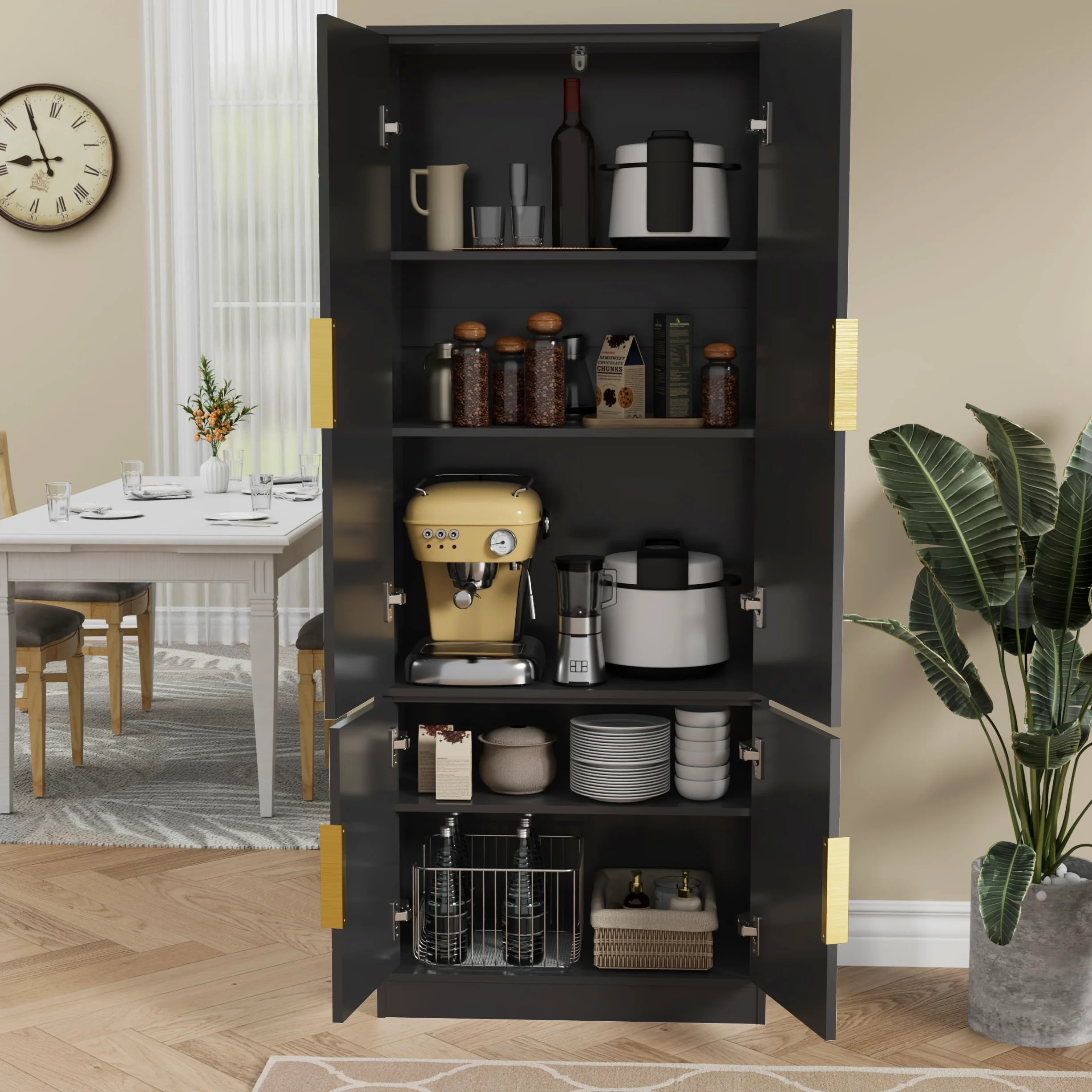 UEV Credenza Cucina Alta 150CM Design Diamante, Armadietto Highboard con 4 Ante, Grande Spazio di Archiviazione, Armadio Buffet Cucina Sicuro con Design Antiribaltamente, 60 x 30 x 150 cm, Nero