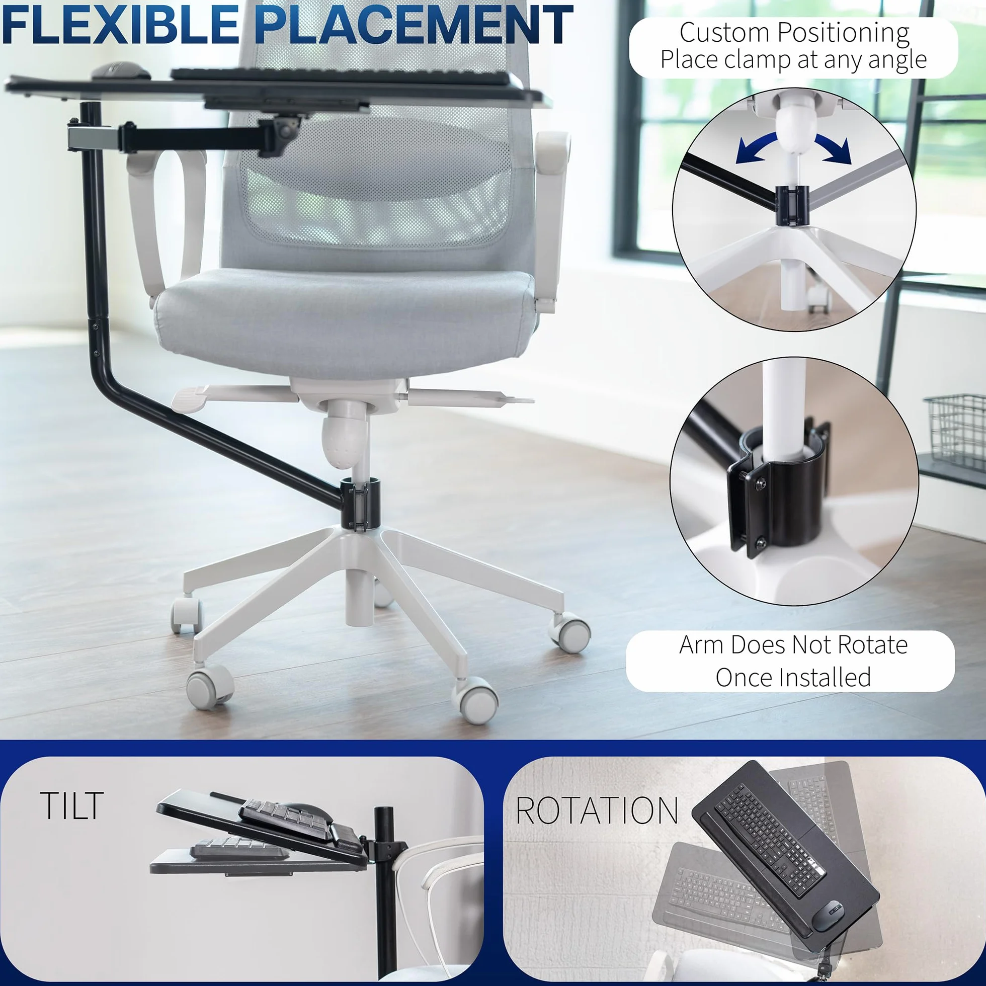 VIVO MOUNT-KB08C - Sedia da ufficio con supporto per tastiera e mouse, 66 x 30 cm, inclinabile ergonomicamente, rotazione a 360 gradi, colore: nero