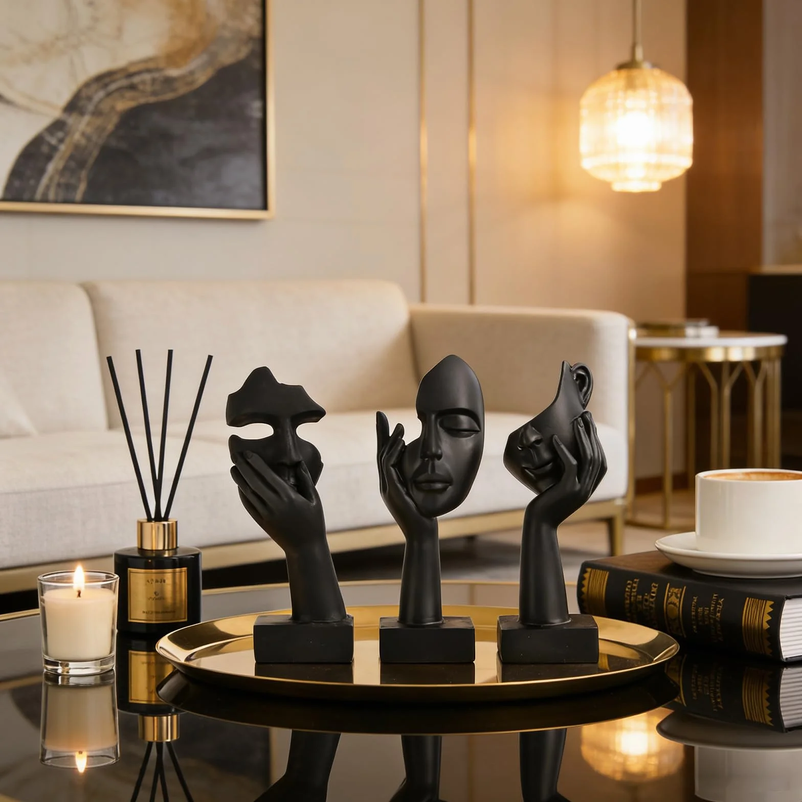 Statua con Volto di Donna Nera Decorazione per Casa Moderna Set da 3 Pezzi