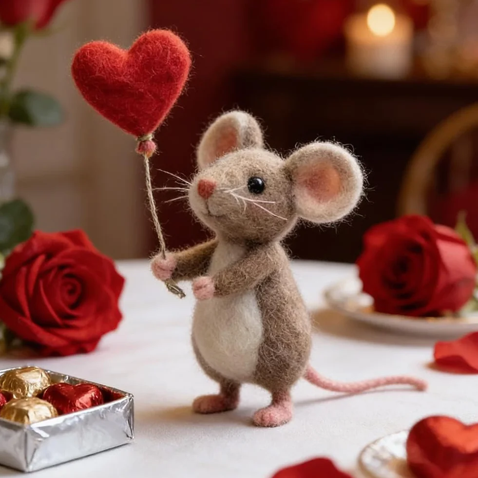 Topolino infeltrito ad ago, regalo di San Valentino, affascinante statuetta di topi in feltro fatti a mano, ornamento per topi in feltro a più livelli, decorazione da tavolo, per decorazioni