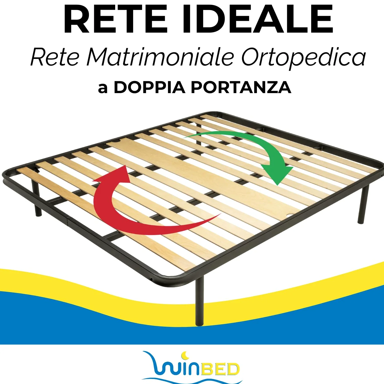 Win Bed - IDEALE - RETE MATRIMONIALE 160x190 Ortopedica a Doghe in Legno – Telaio in Acciaio Rinforzato con Piedi Antiscivolo Smontabili