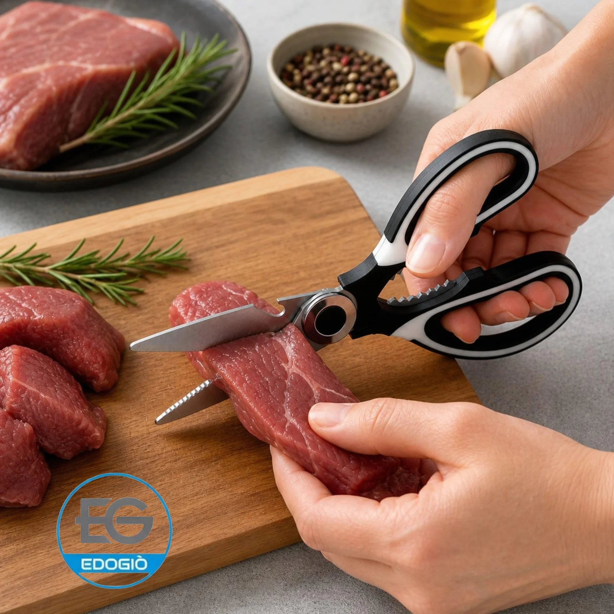 Forbici da cucina professionali in acciaio inox 304 multiuso con apribottiglie, adatte per carne, pesce e verdure, manico ergonomico antiscivolo e perno rinforzato.