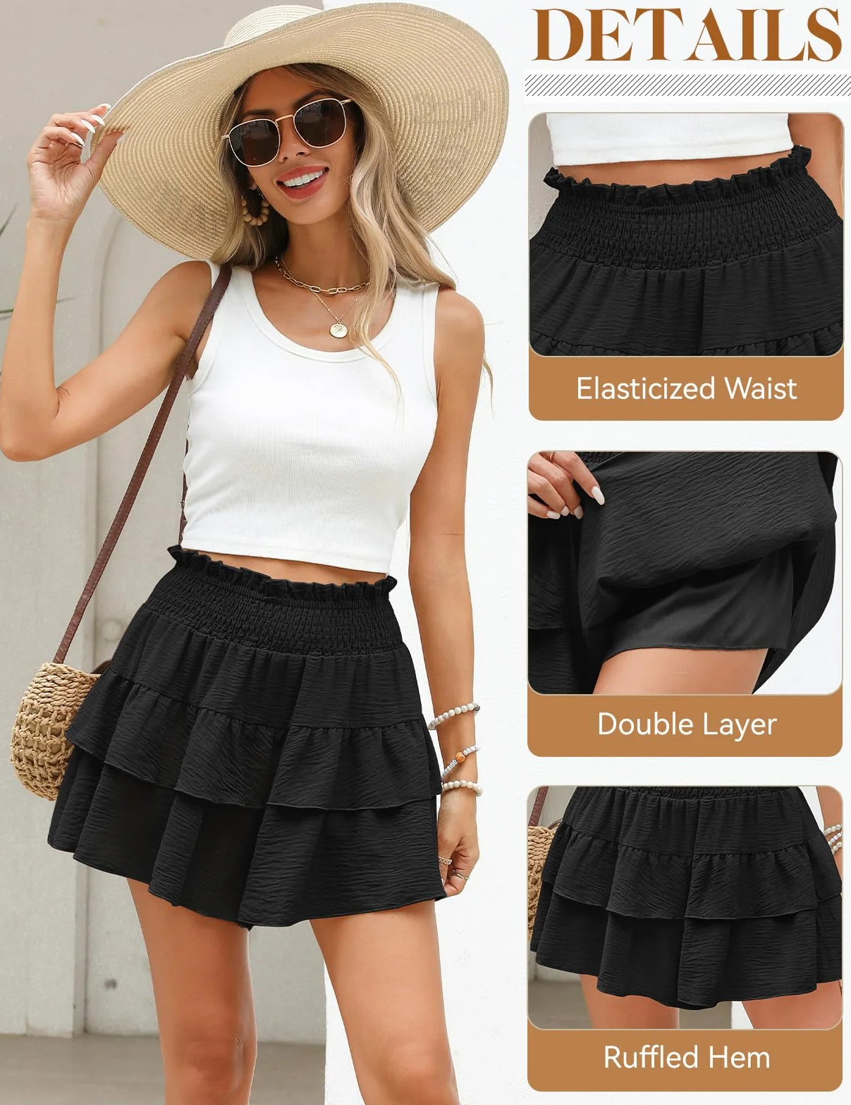 Pantaloncini Donna Estivi Elastica a Vita Alta Eleganti Casual Lavoro Pantaloni Corti con A-Line Volant Gonna Skater Spiaggia