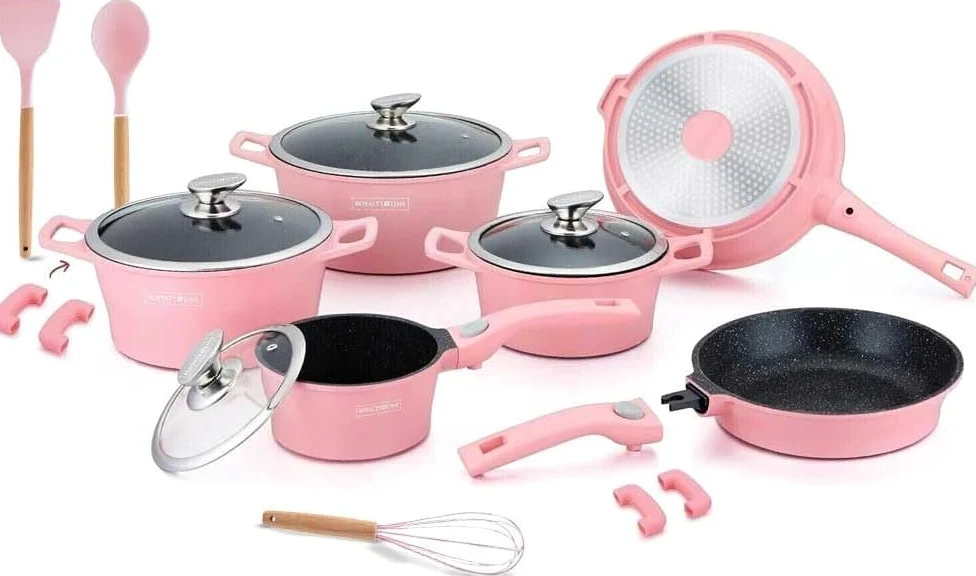 Batteria Pentole e Padelle 17 Pz in Alluminio pressofuso Antiaderente Rivestimento In Marmo ideale per Piano Induzione o Gas, Coperchi in Vetro e Utensili Inclusi Royalty RL-ES2014M (Rosa)
