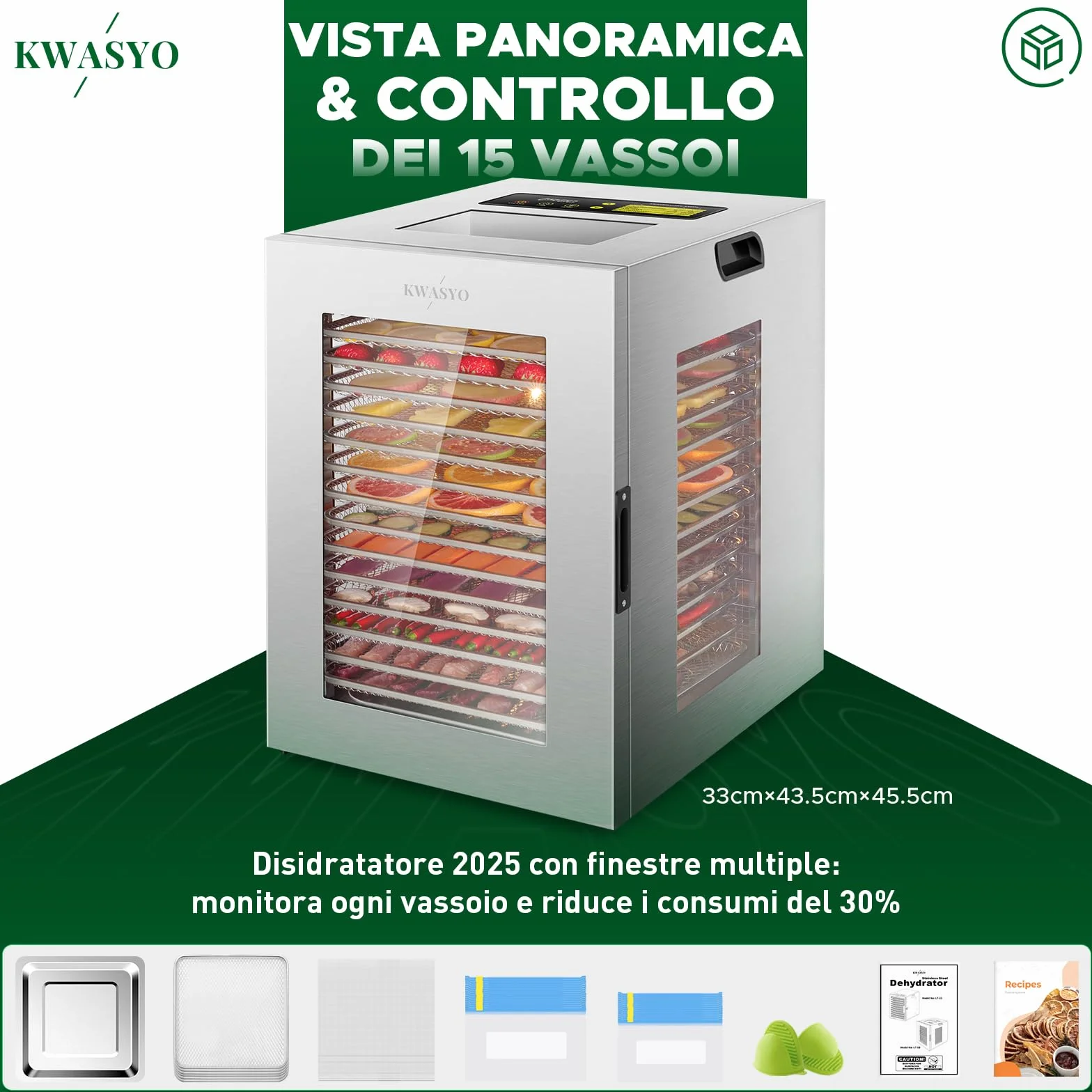 Kwasyo Essiccatore Alimenti 15 Vassoi Inox, 1200W Doppia Ventola, per Carne, Frutta, Snack Cani, Erbe, Temp. Regolabile 90°C, Timer 24H, Finestre Multiple, Essiccazione Potente