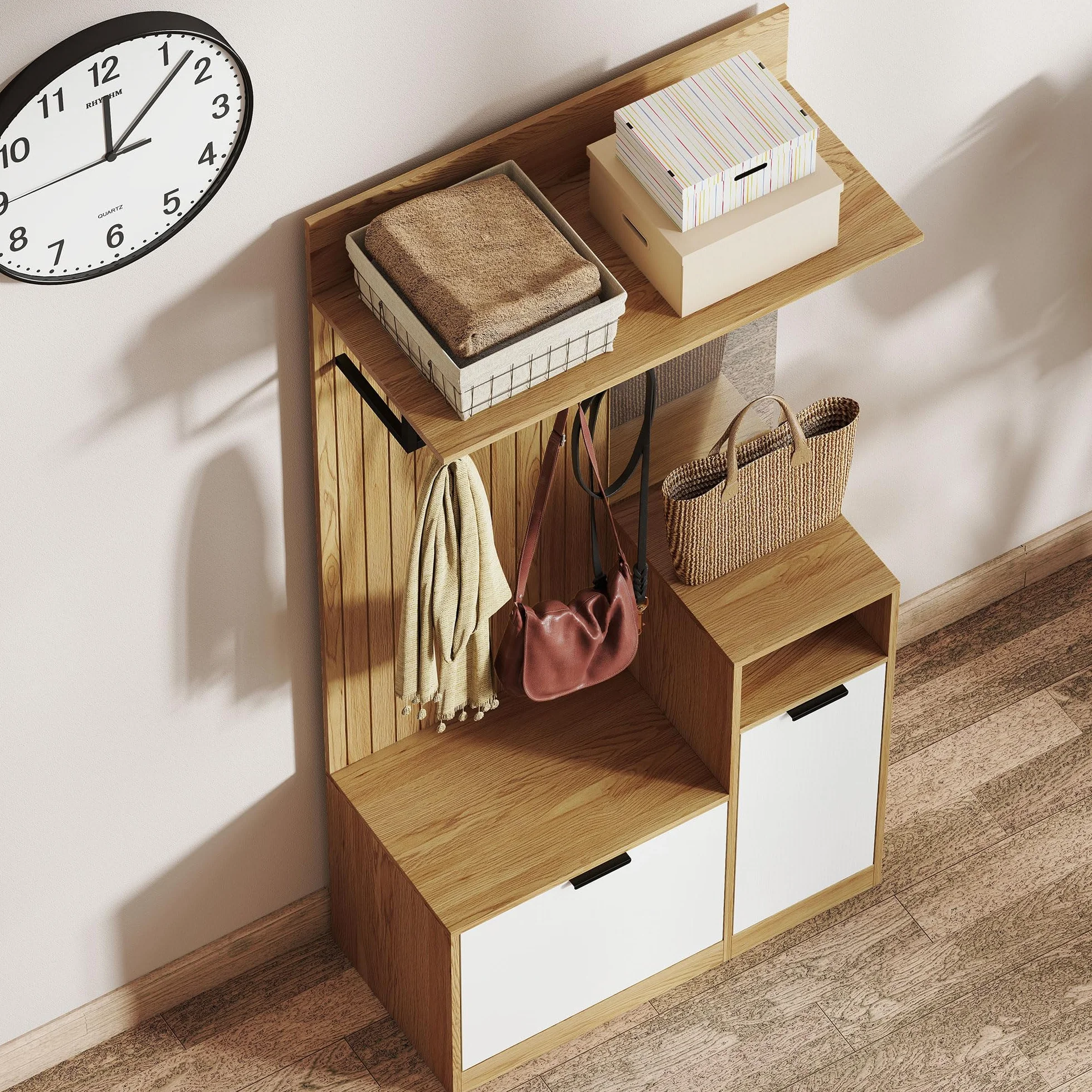 HOMCOM Appendiabiti da Ingresso con Specchio, 4 Ganci, Panca e Scarpiera, Mobile Appendiabiti con Armadietto e Ripiano Aperto, Gambe in Legno, per Ingresso Corridoio, Rovere e Bianco
