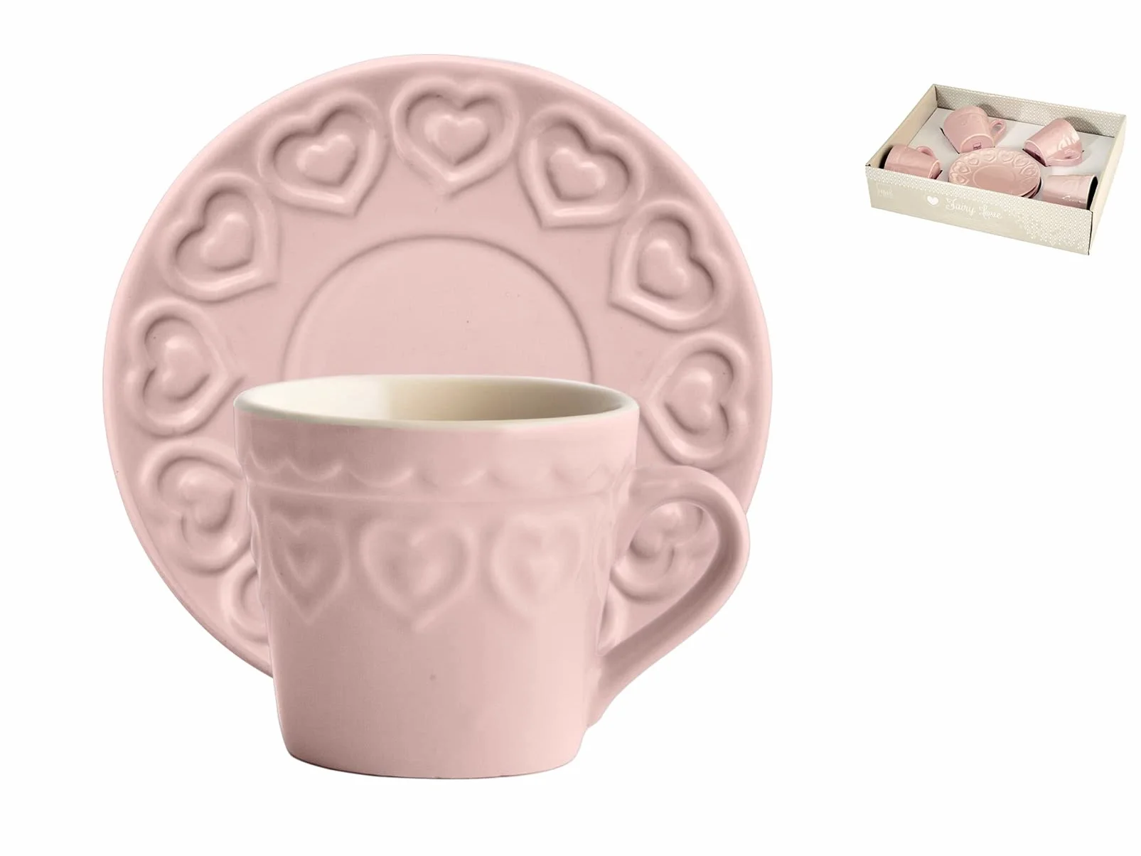 H&H Fairylove Confezione 4 Tazze caffè con Piattino, Stoneware, Rosa, 4 unità