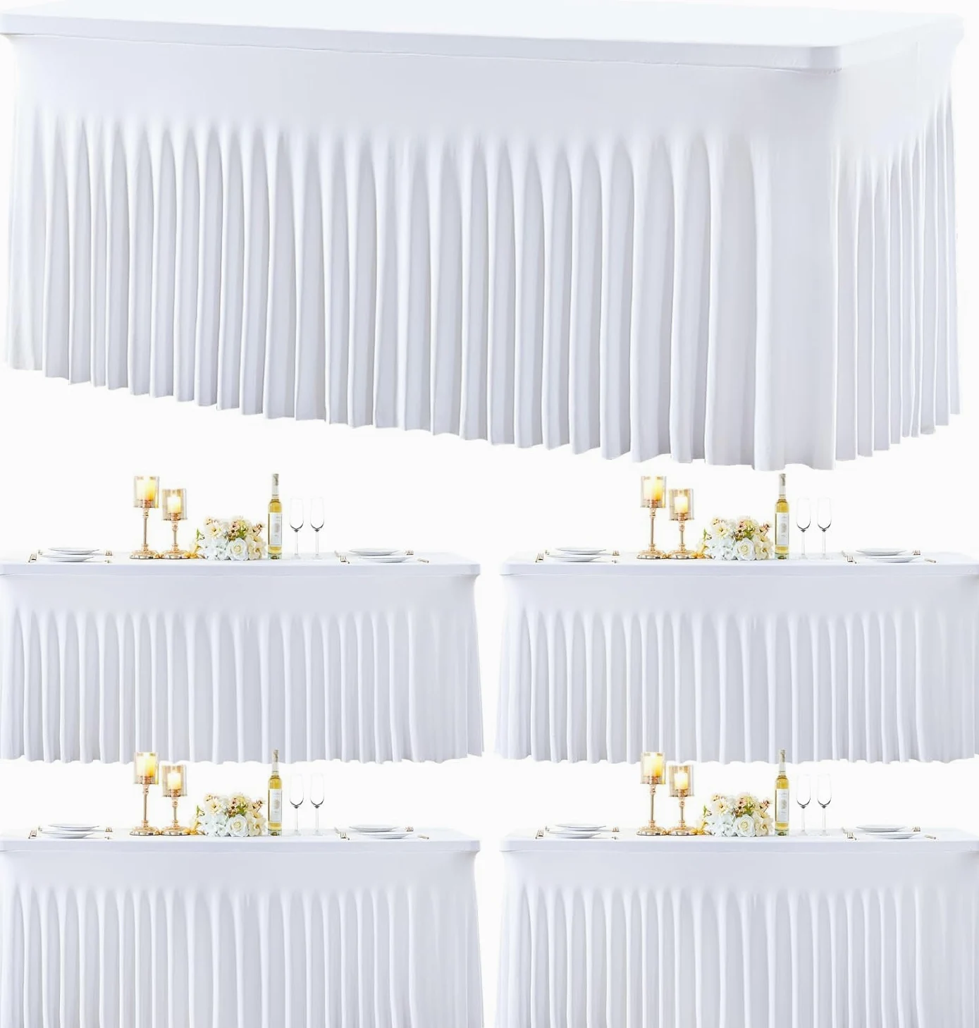 4 Pack Spandex Tovaglia con Gonna Bianco per 1.8m Tavoli Rettangolo Bianco Tovaglie Stretch Coperture Da Tavolo Banchetto Abiti Da Tavolo Rughe Gonna Da Tavolo Gratuita per Feste Matrimonio