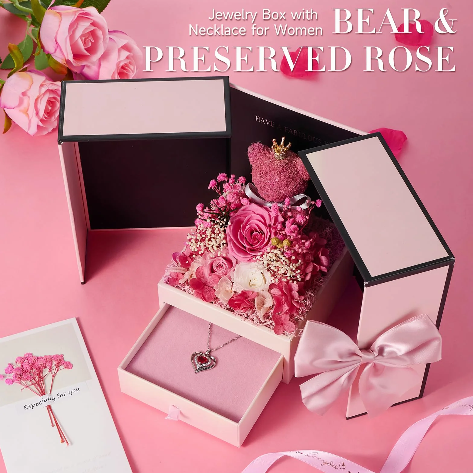 Rosa Eterna Regalo Donna, Collana e Orso di Muschio, Preservada Fiori Confezione Regalo per Festa Mamma, Natale, Compleanno, San Valentino