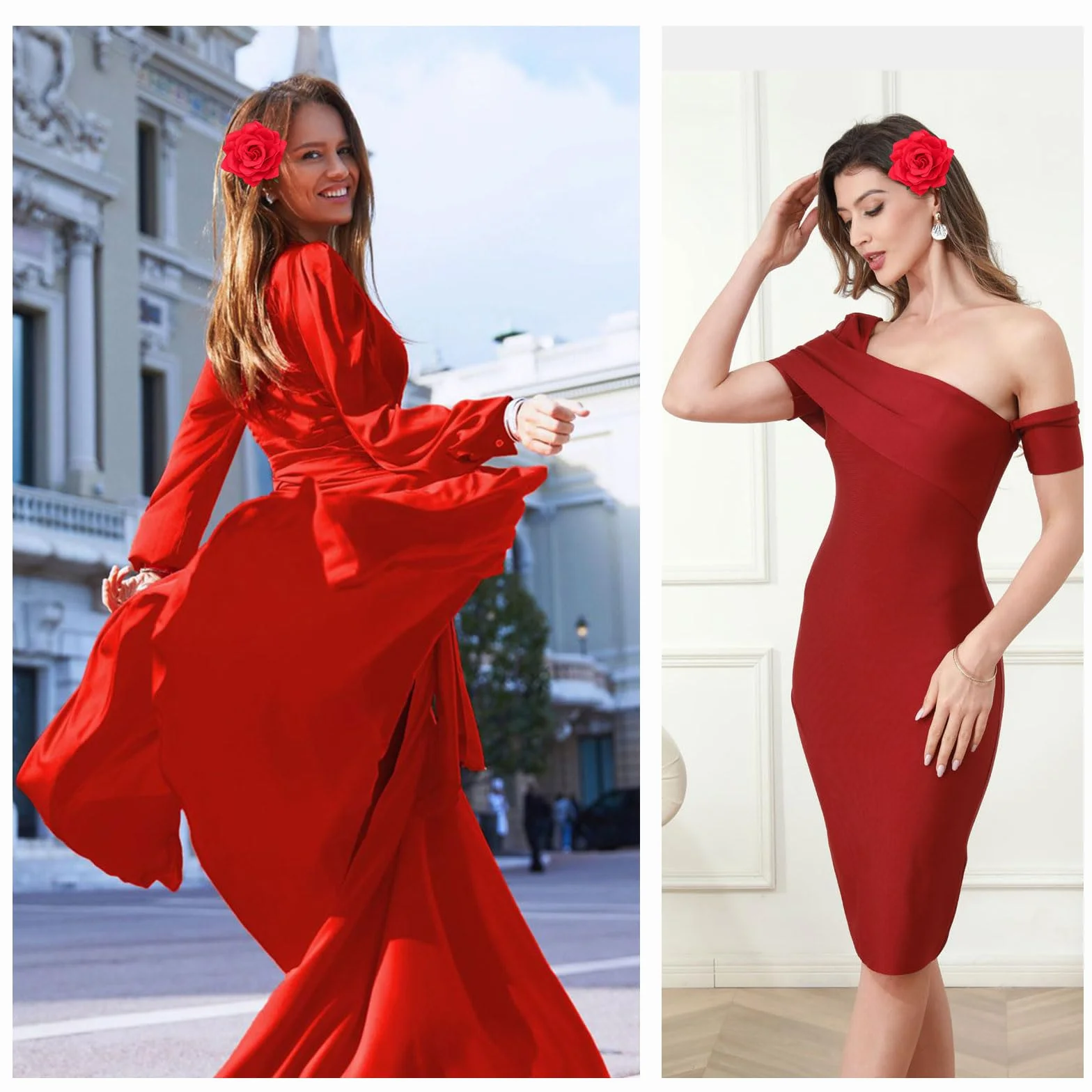 Fermagli per Capelli Fiori, Spilla Fiore Stoffa Grande, Clip a Fiore per Donna Halloween Natale Rosso