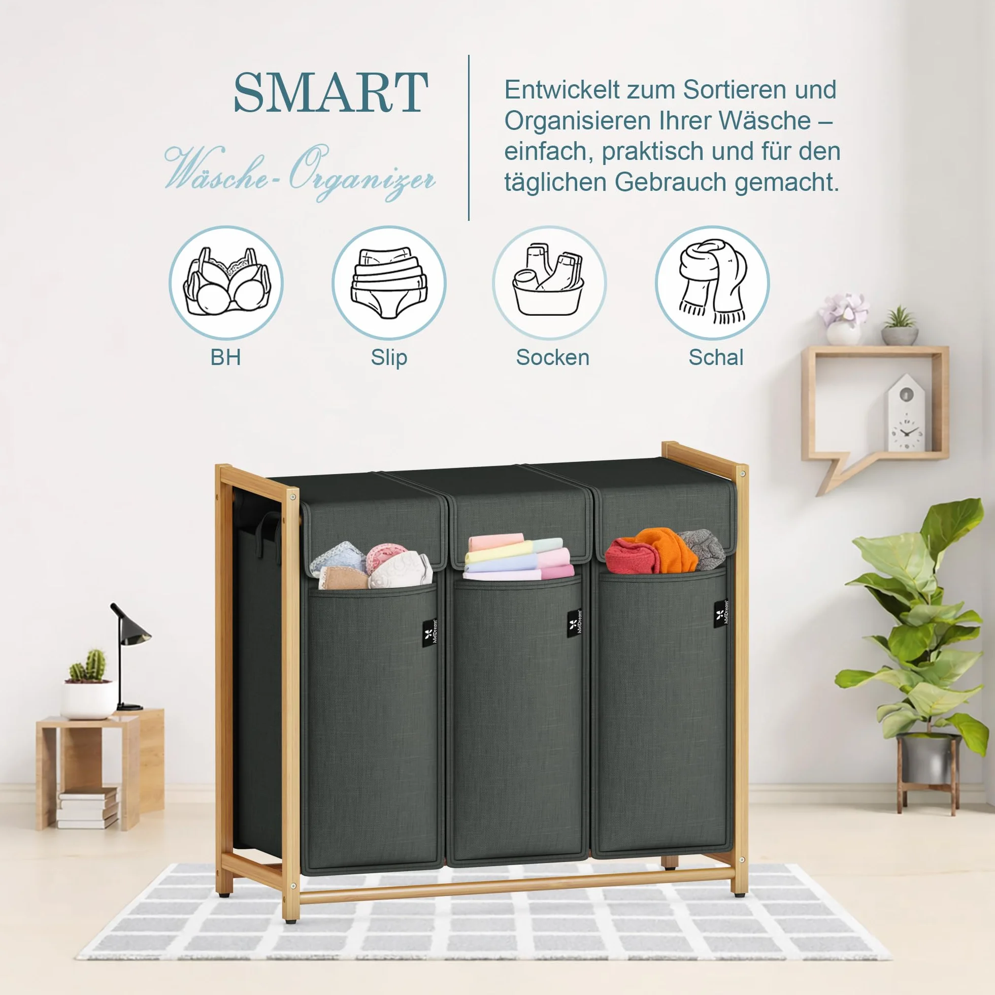 AdelDream Cesto per Biancheria, Separatore per Vestiti, 3 Scomparti, Carrello per Biancheria con Tasche Rimovibili, Bambù 150 L, Grigio Scuro