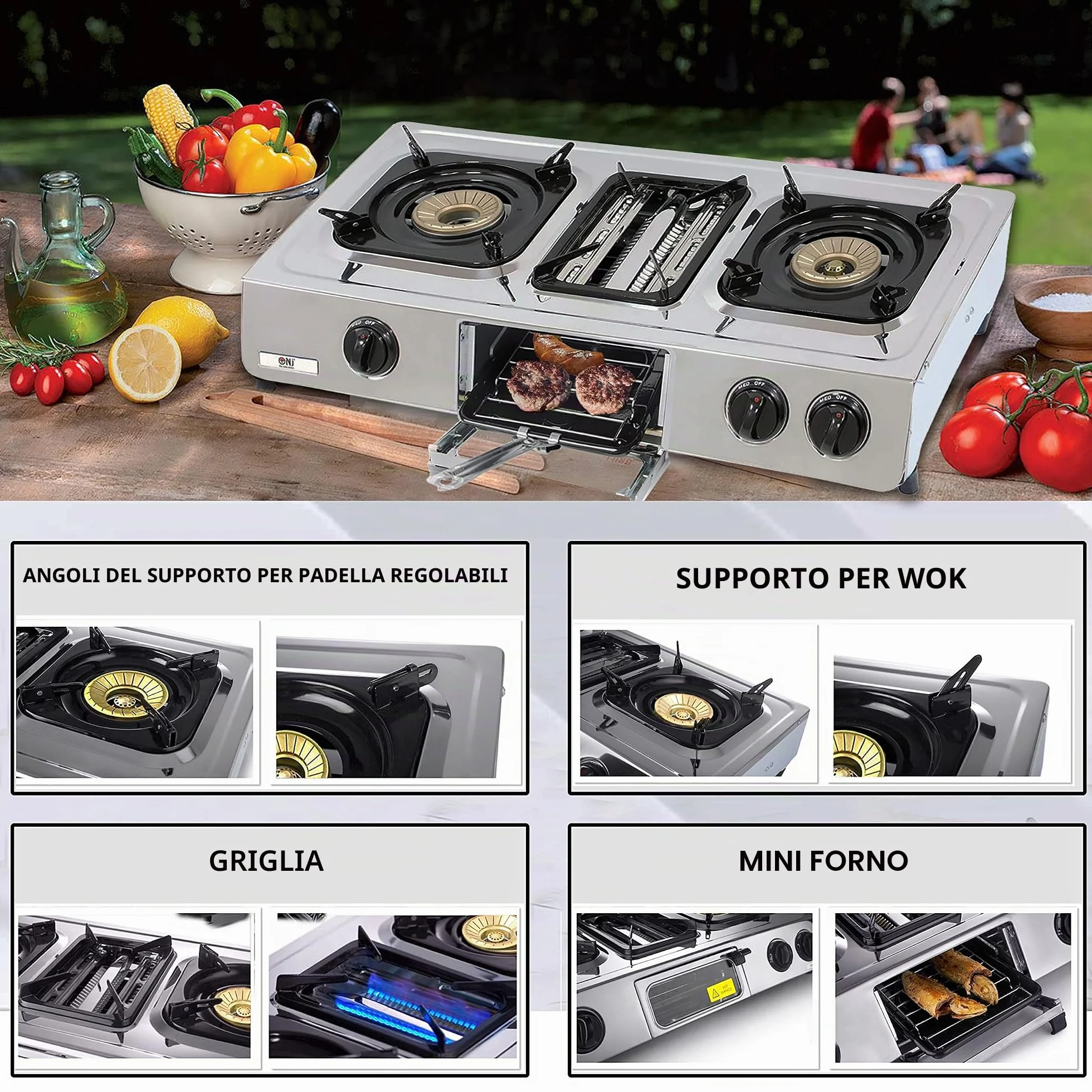 NJ G-87 Fornello a Gas da Campeggio - 3 Fuochi Mini forno Grill Piano Cottura Portatile