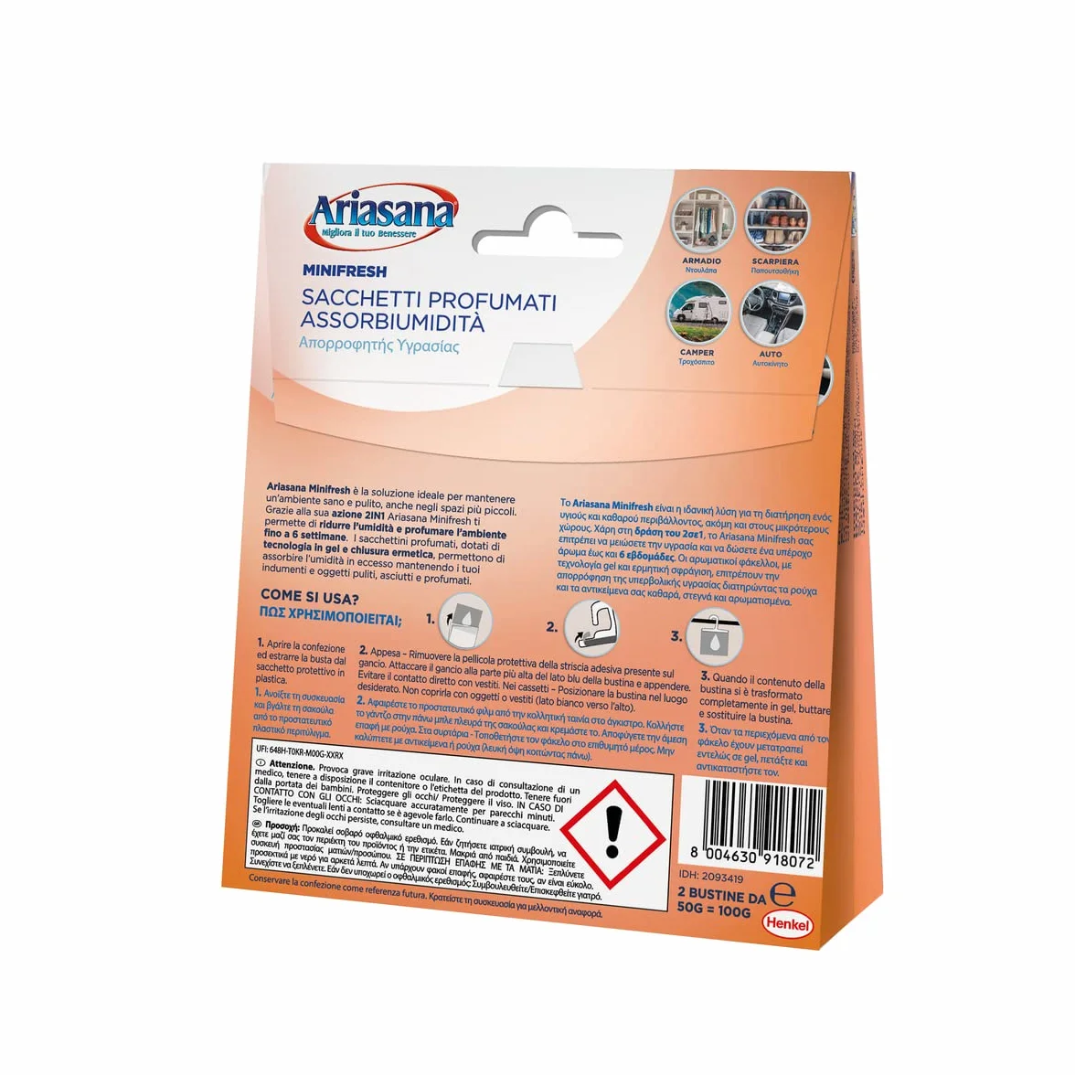 Ariasana Minifresh Energia Fruttata Sacchetti profumati 2in1, Sacchetti con doppia azione assorbiumidità e antiodore, Deodorante cassetti e armadi, 2 sacchetti da 50g