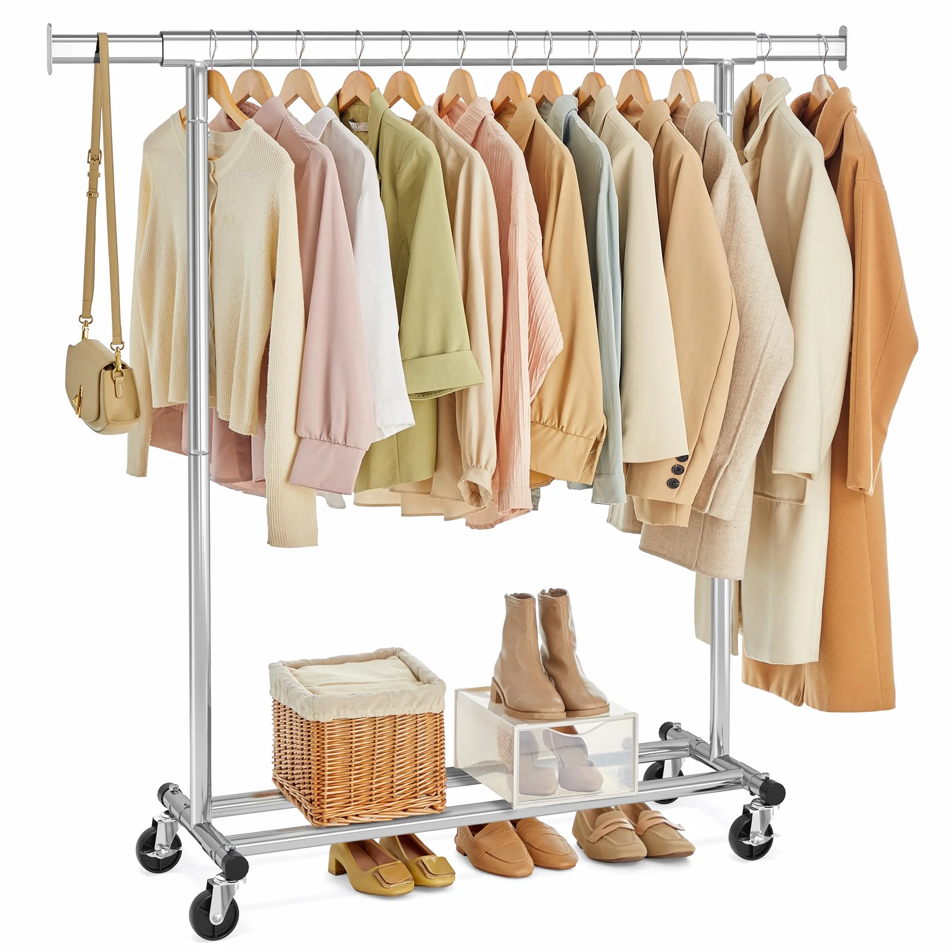 SONGMICS Stand Appendiabiti con Ruote, Estensibile, Portata 100 kg, 45 x 92-132 x 161,5 cm, Argento HSR13S