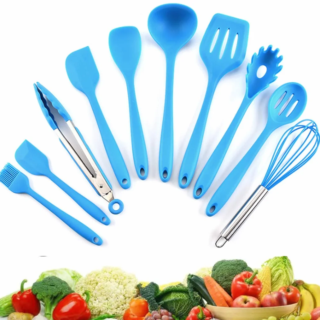 Hoshen, set di 10 utensili da cucina in silicone antiaderenti, 5 colori, stile 10 pezzi, spatola da cucina resistente al calore - Blu