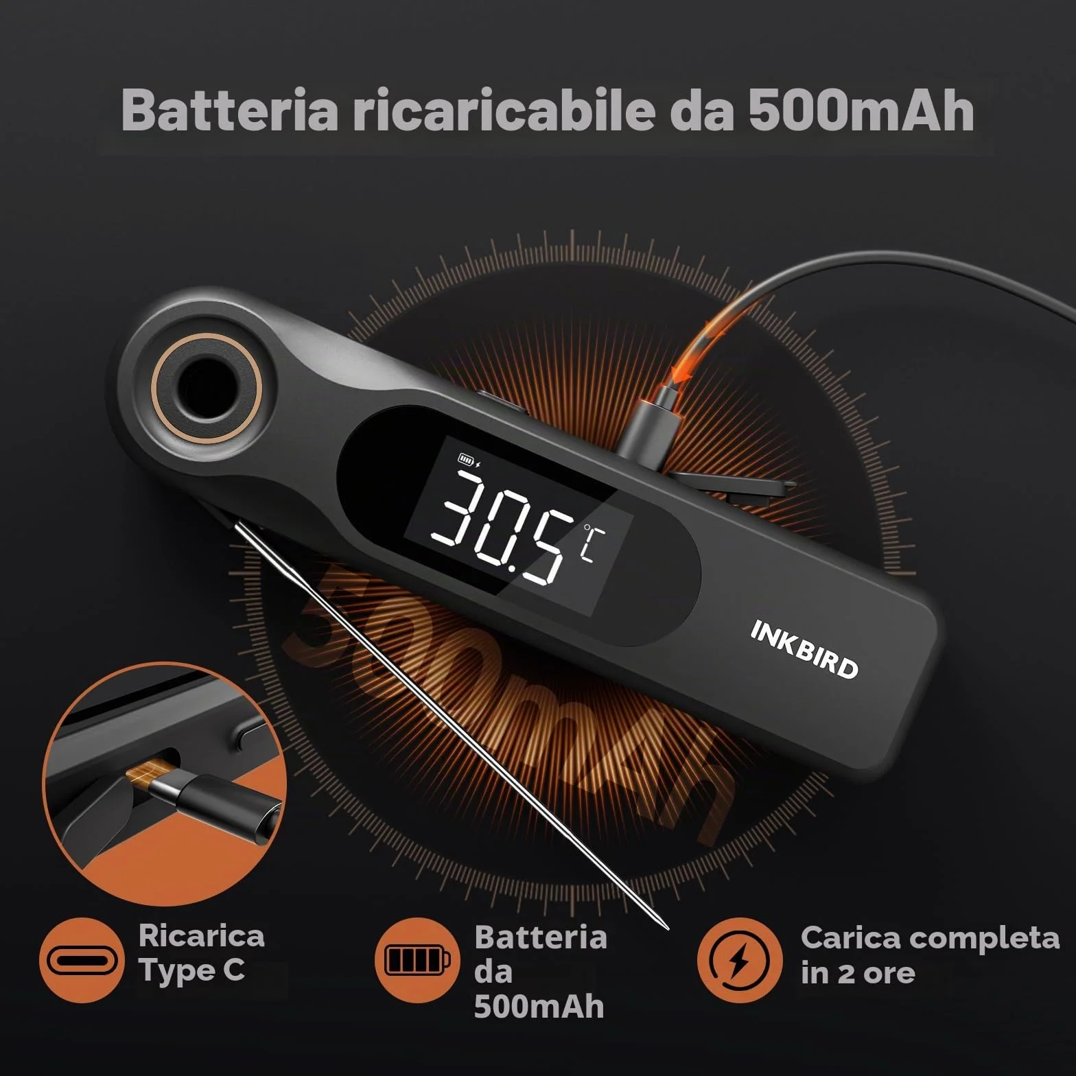 INKBIRD Termometro Alimentare a Lettura Istantanea a Doppio Display,Due Schermi,Risposta Super Rapida 0,5 Sec,Impermeabile IP65 Corpo Intero,Ideale per Cucina, Grigliate,Forno,Preparazione Bevande