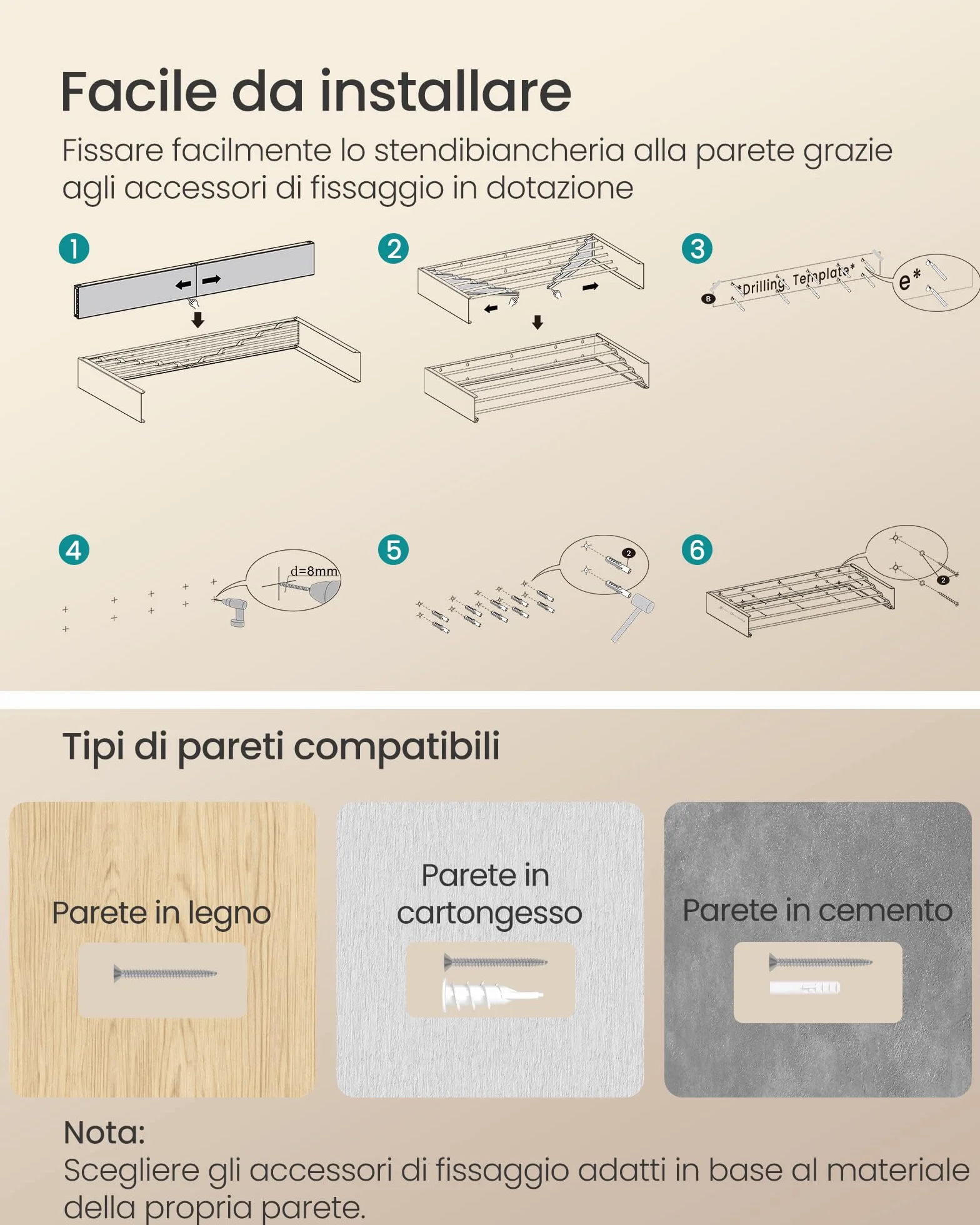SONGMICS Stendibiancheria da Parete Pieghevole 5 Barre Alluminio 80 cm Bianco Opaco