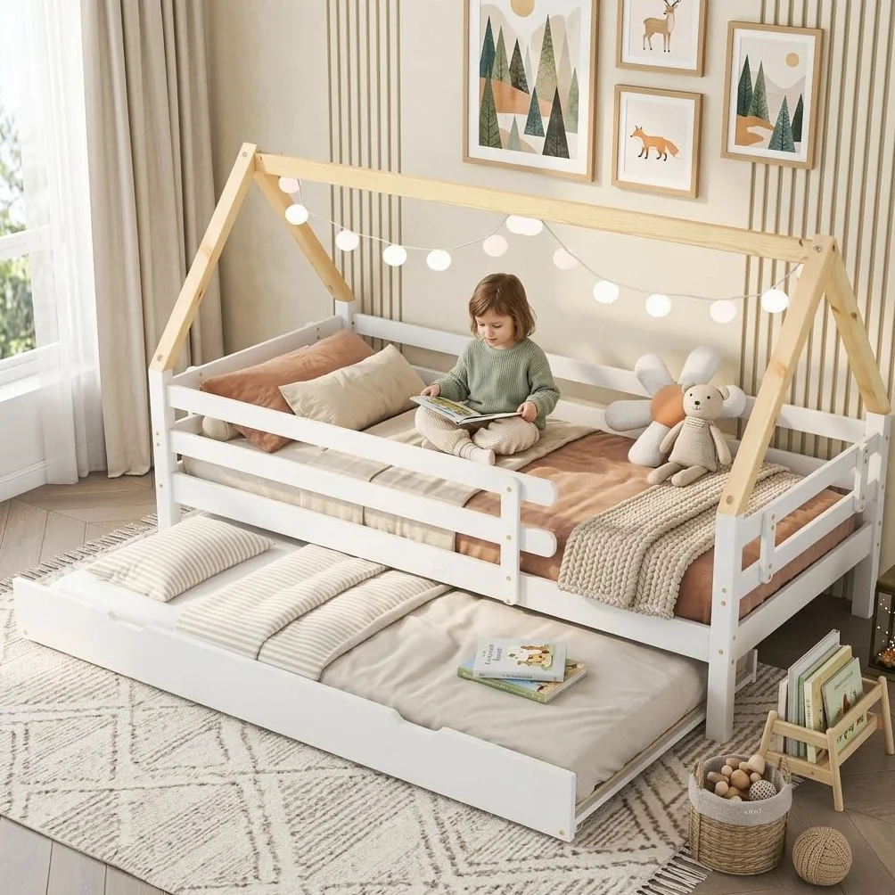 Letto per casa sull'albero, letto singolo, letto per bambini, letto estraibile con ruote inferiori, in legno massello, letto bianco, sedia sottotetto colore naturale (90 x 200 + 90 x 190 cm)