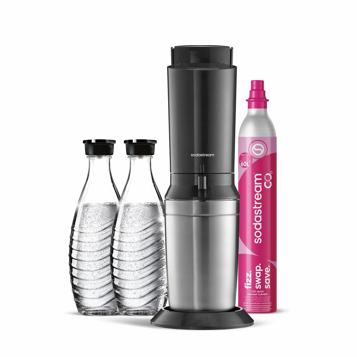 SodaStream Crystal Gasatore d’acqua CO₂ Quick Connect 60 L 2 bottiglie vetro 0,7 L nero