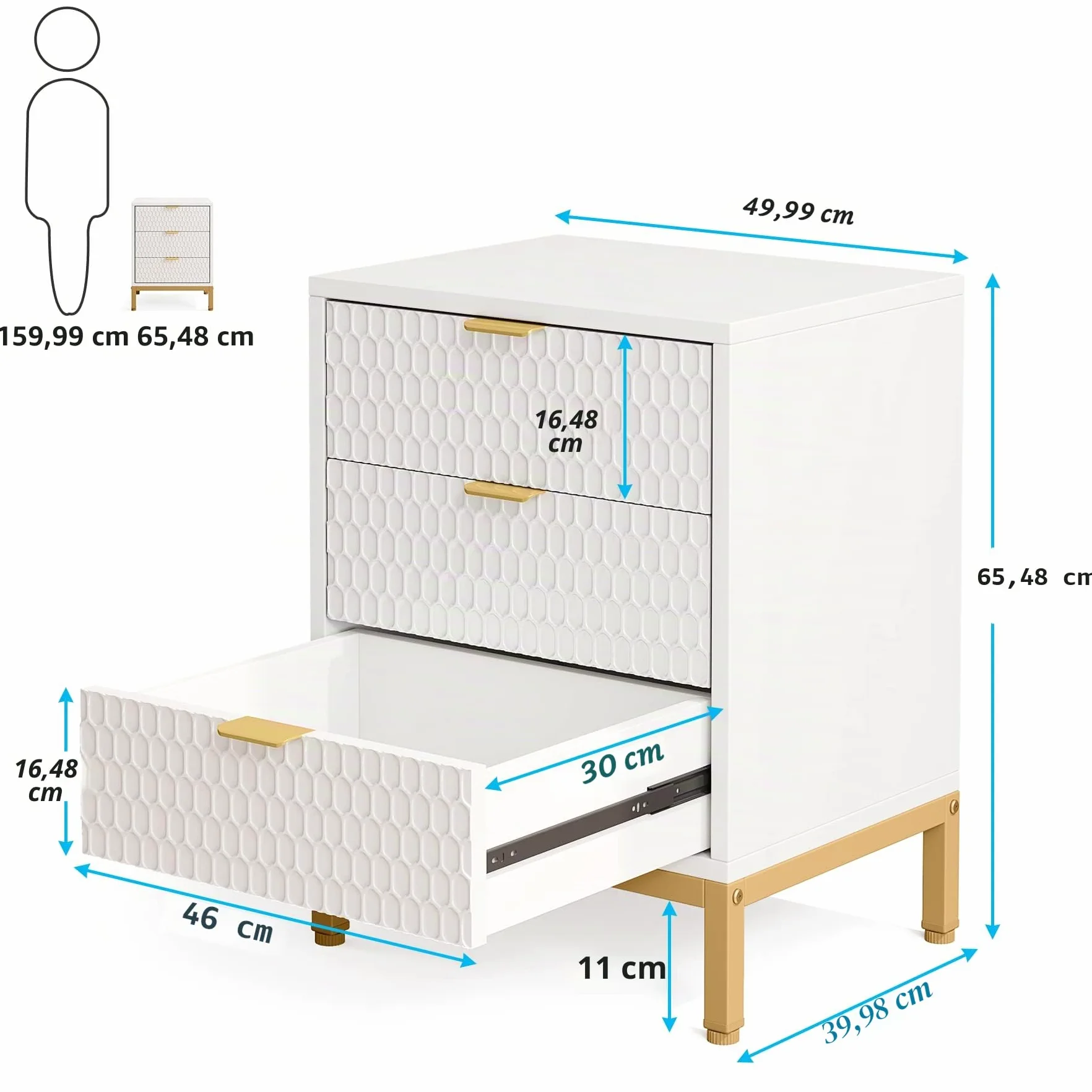 Tribesigns Comodino moderno, alto 65,5 cm, con 3 cassetti, tavolino moderno con spazio per camera da letto, soggiorno, bianco e oro