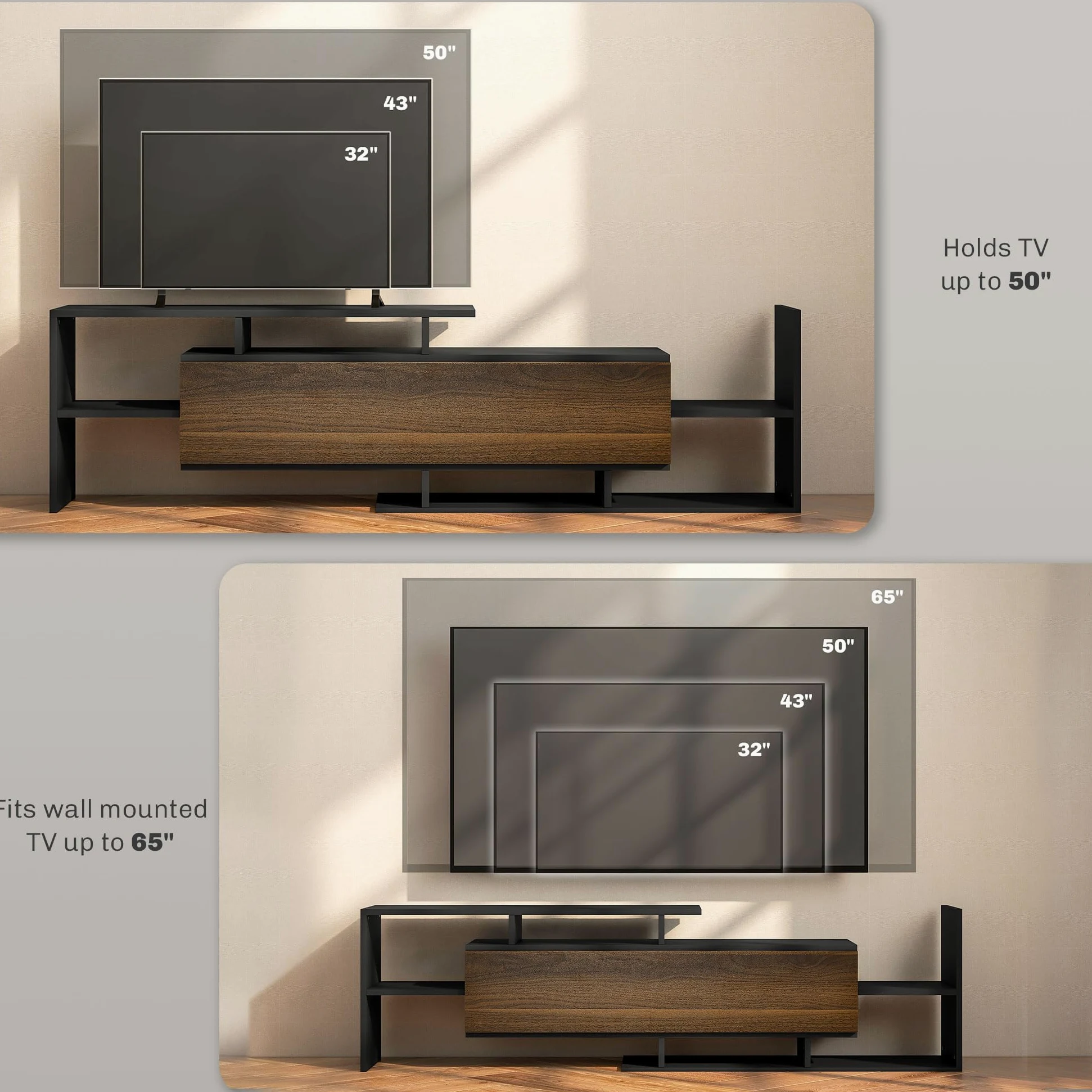 HOMCOM Mobile TV con Mensola a Muro, Ripiani Aperti e Armadietto in Legno, Mobile TV Moderno per Soggiorno e Camera da Letto, Nero e Marrone