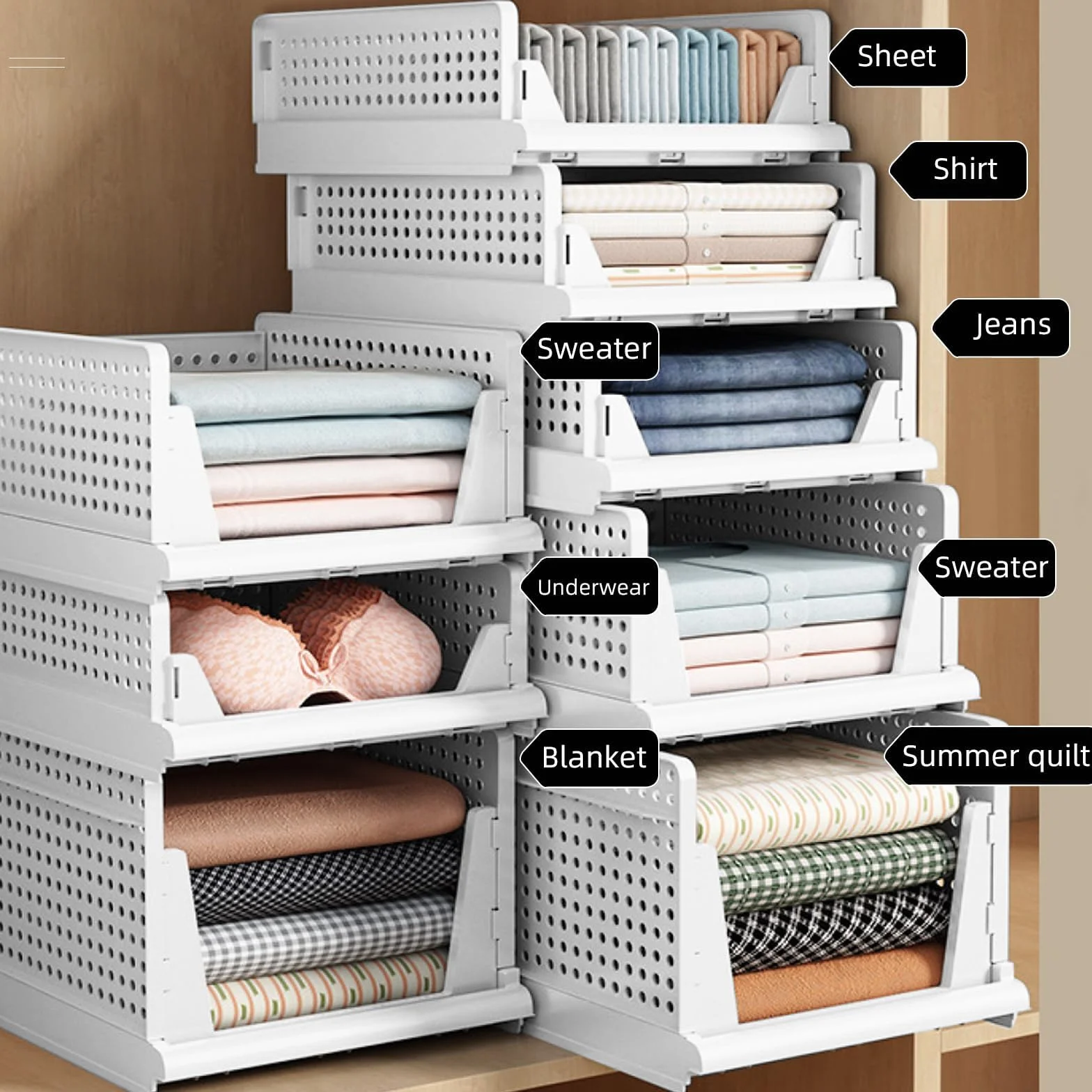 Organizzatore per Guardaroba, 4 PZ Cestini Impilabili Grandi – 43x33,5x25cm, Contenitori in Plastica per Armadio, Casa, Ufficio, Lavanderia, Vestiti, Giocattoli, Cucina