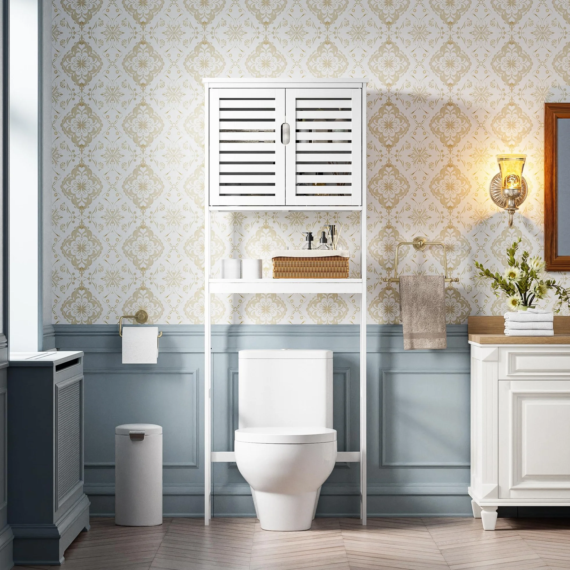 SMIBUY Contenitore salvaspazio sopra WC a 2 porte in bambù con ripiano interno regolabile e ripiano aperto indipendente (bianco), per Bagno