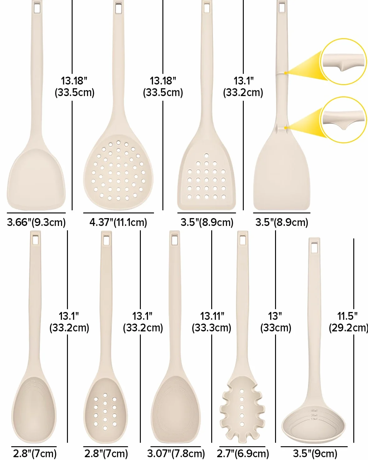 Set di 9 utensili da cucina in silicone, resistenti al calore, con ganci posteriori, senza BPA, con spatole, cucchiai, schiumarola e forchetta per pasta, per pentole antiaderenti (KHAKI)