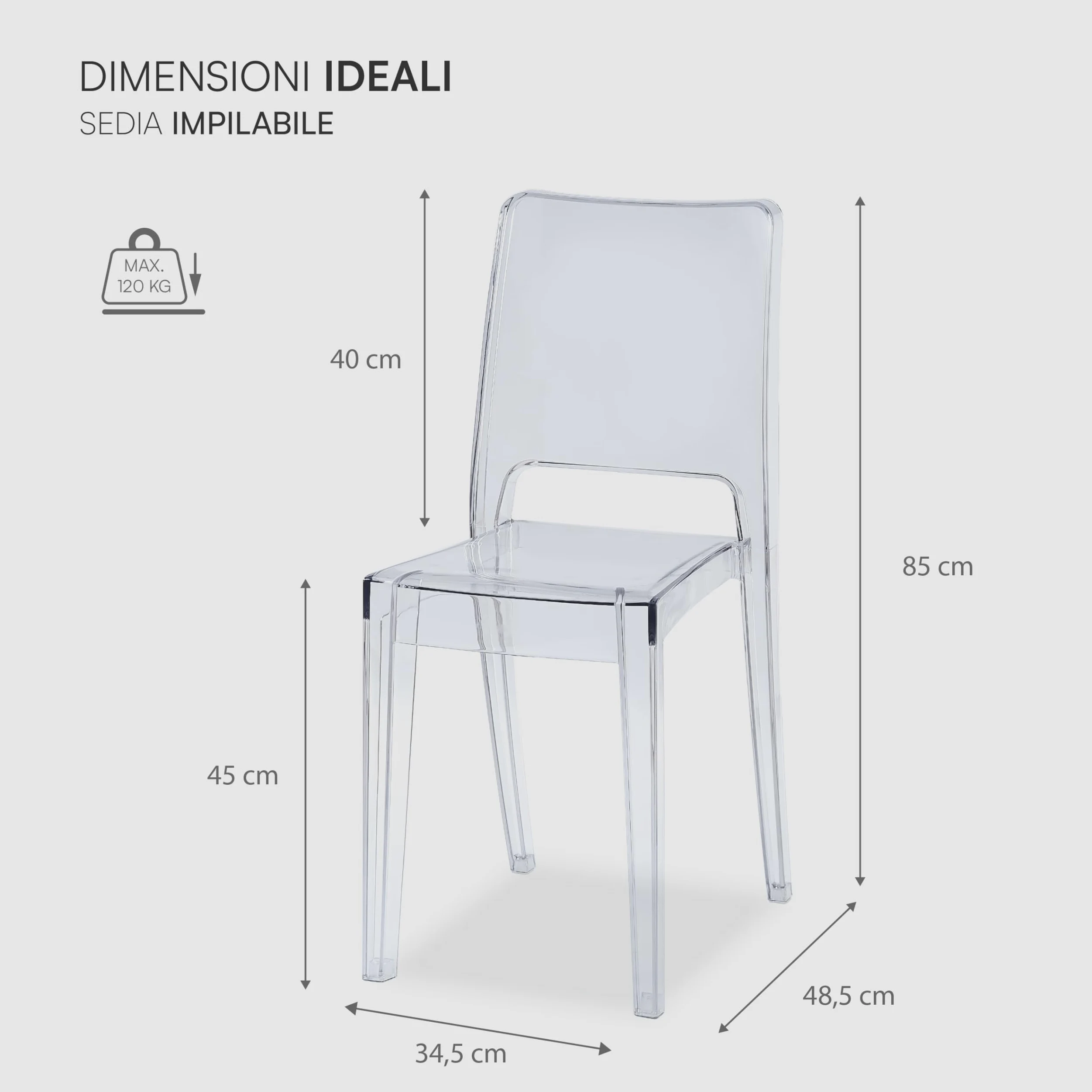 Baroni Home Set 4 Sedie Trasparenti, Sedie Impilabili Moderne, Leggere e Resistenti, Gommini Antiscivolo, Sala da Pranzo, 34,5x48,5x85 cm, Trasparente