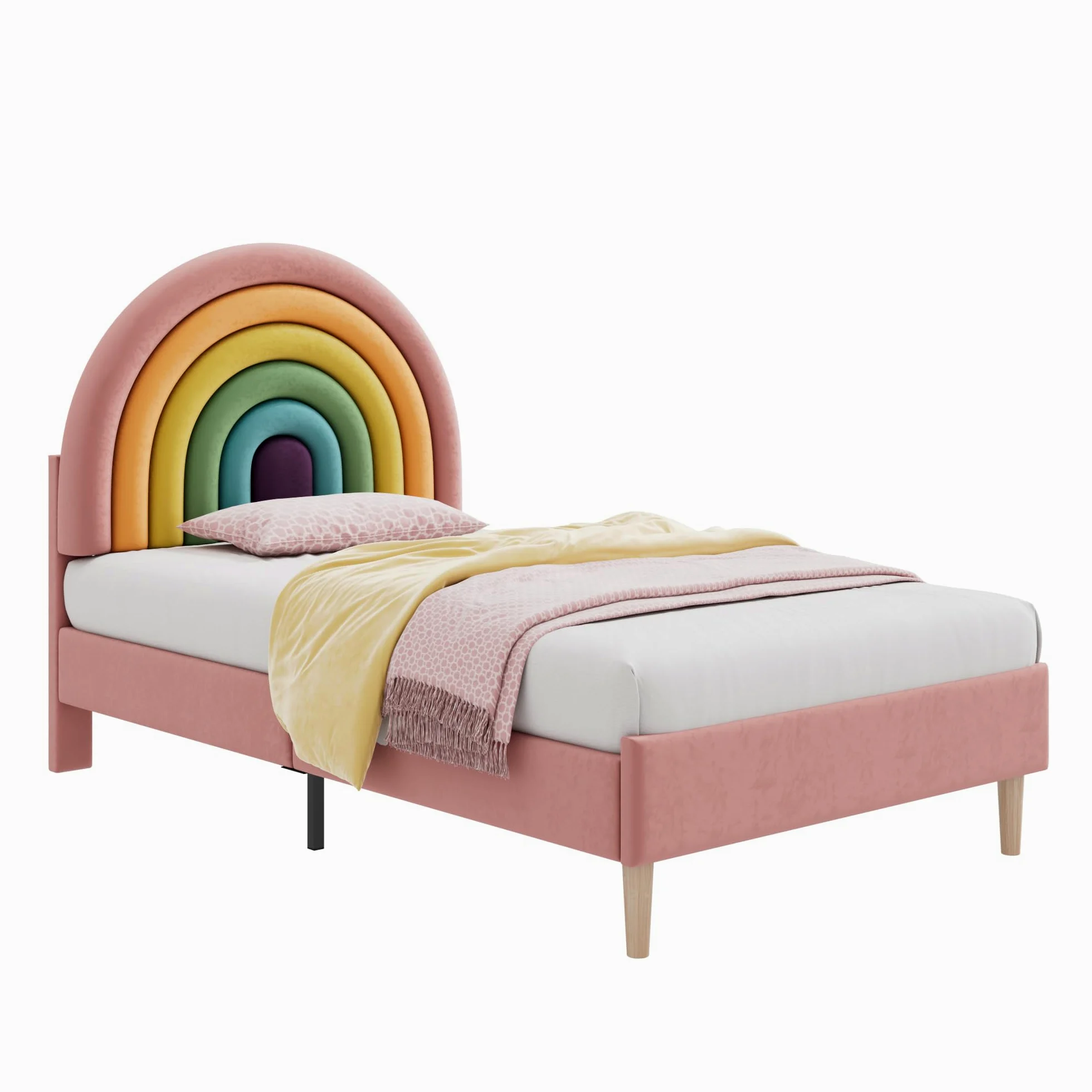 Azkoeesy Letto singolo imbottito per bambini e bambina, 90 x 200 cm, testiera arcobaleno, rivestimento in velluto, rosa