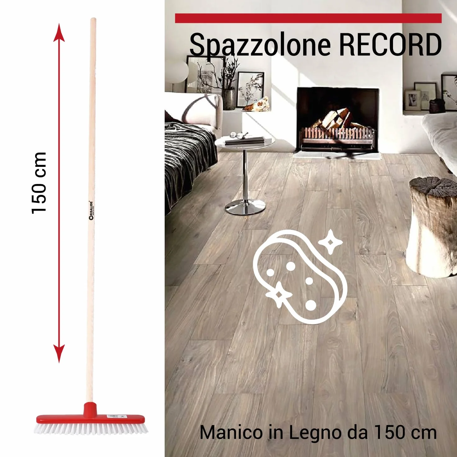 Crisalide SET PULIZIA CASA PIPPO Scopa Classica Setole EXTRA-MORBIDE Manico Legno 130cm Spazzolone Setole RIGIDE